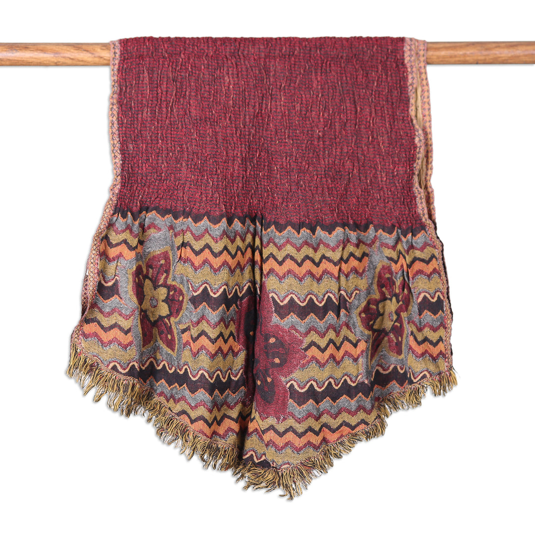 Floral Embroidered Colorful Burgundy 100% Wool Scarf - Sacred Blooming