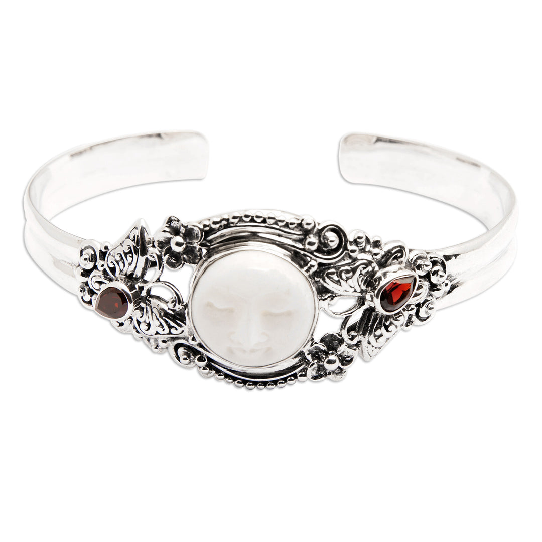 Sterling Silver Garnet Butterfly and Moon Cuff Bracelet - Moon and Nature
