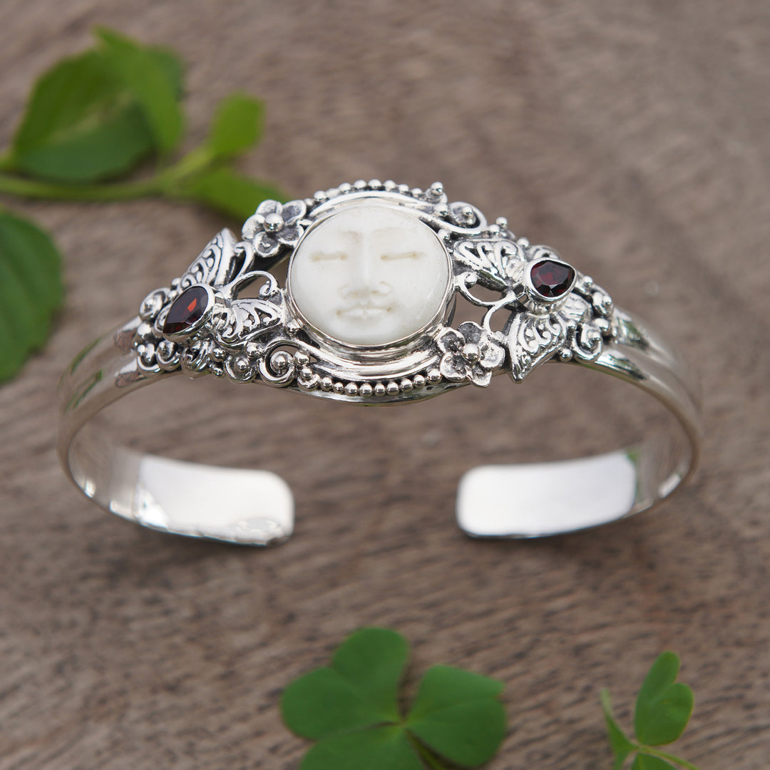 Sterling Silver Garnet Butterfly and Moon Cuff Bracelet - Moon and Nature