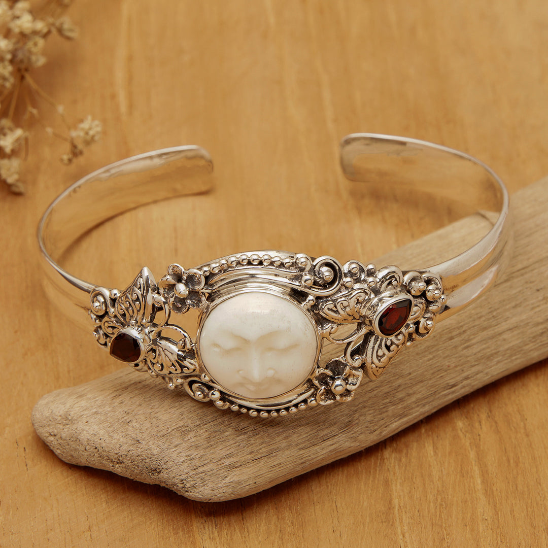 Sterling Silver Garnet Butterfly and Moon Cuff Bracelet - Moon and Nature