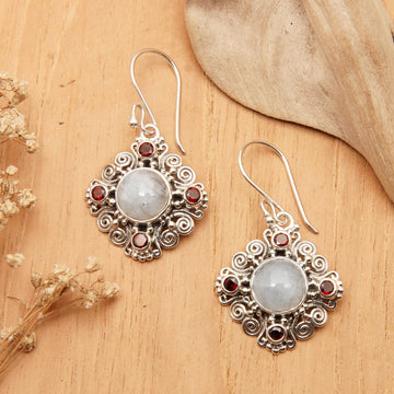 Classic 2-Carat Garnet and Rainbow Moonstone Dangle Earrings - Lunar Passion