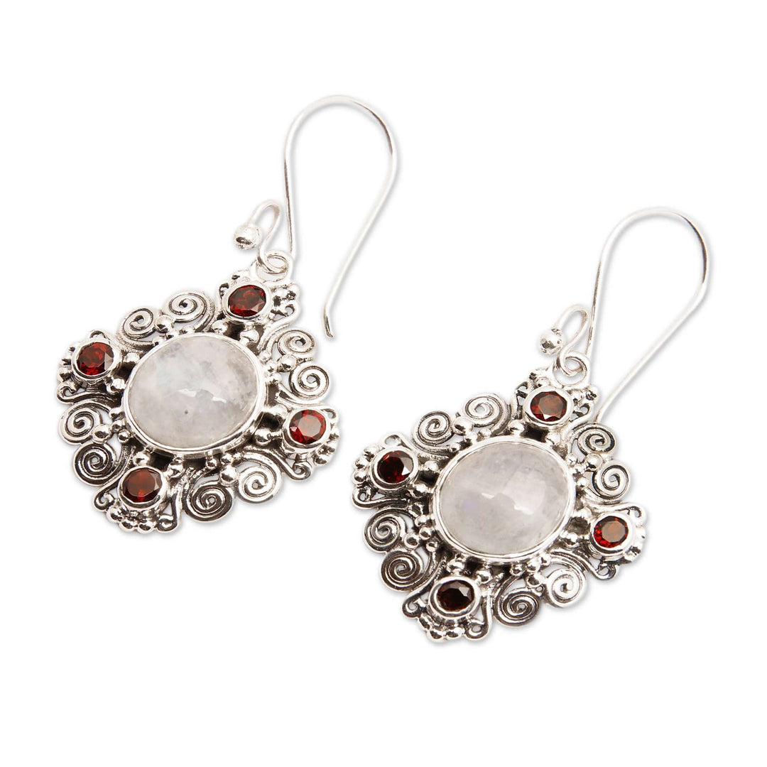 Classic 2-Carat Garnet and Rainbow Moonstone Dangle Earrings - Lunar Passion