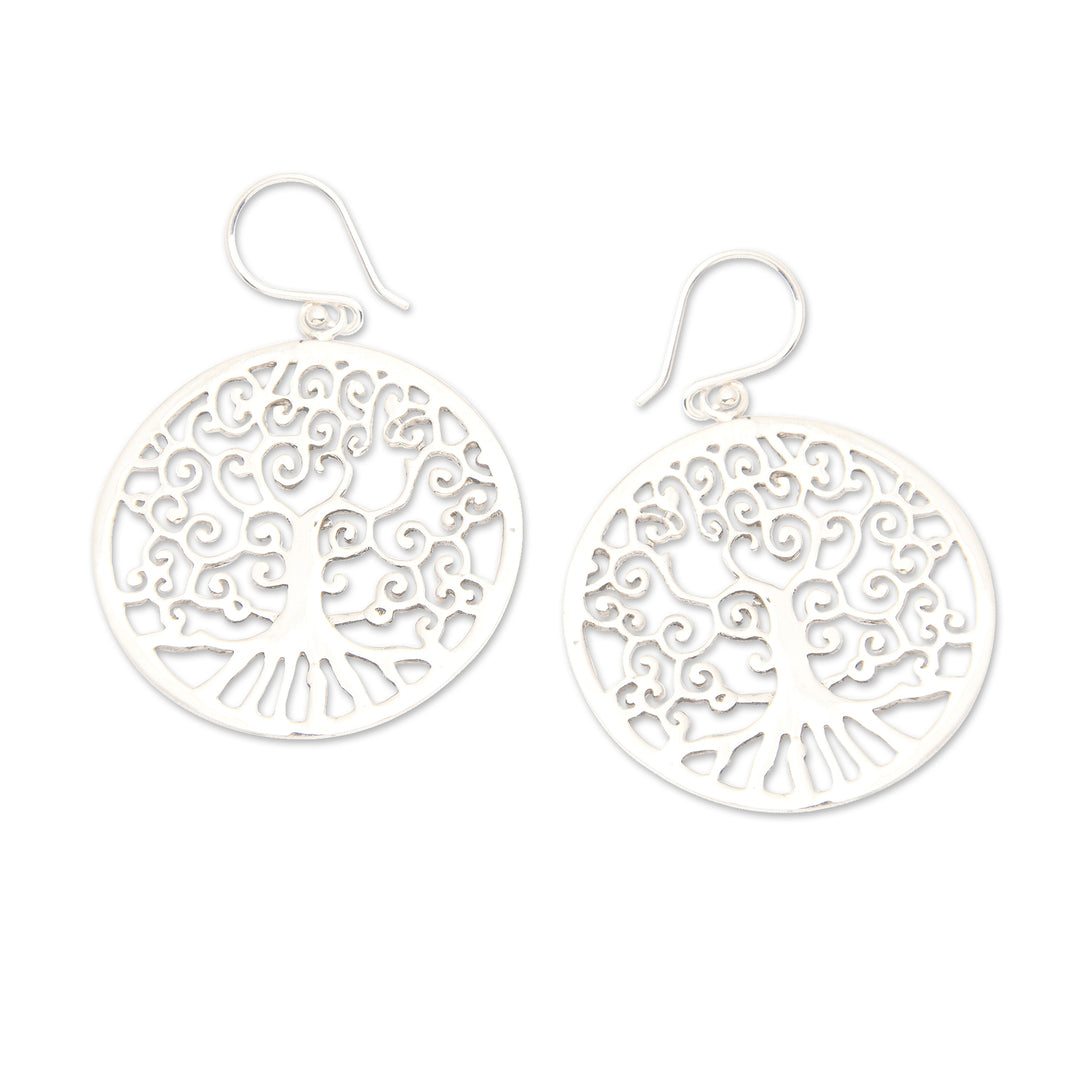 Polished Round Tree-Themed Sterling Silver Dangle Earrings - Glowing Naturally