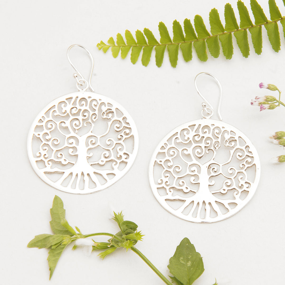 Polished Round Tree-Themed Sterling Silver Dangle Earrings - Glowing Naturally