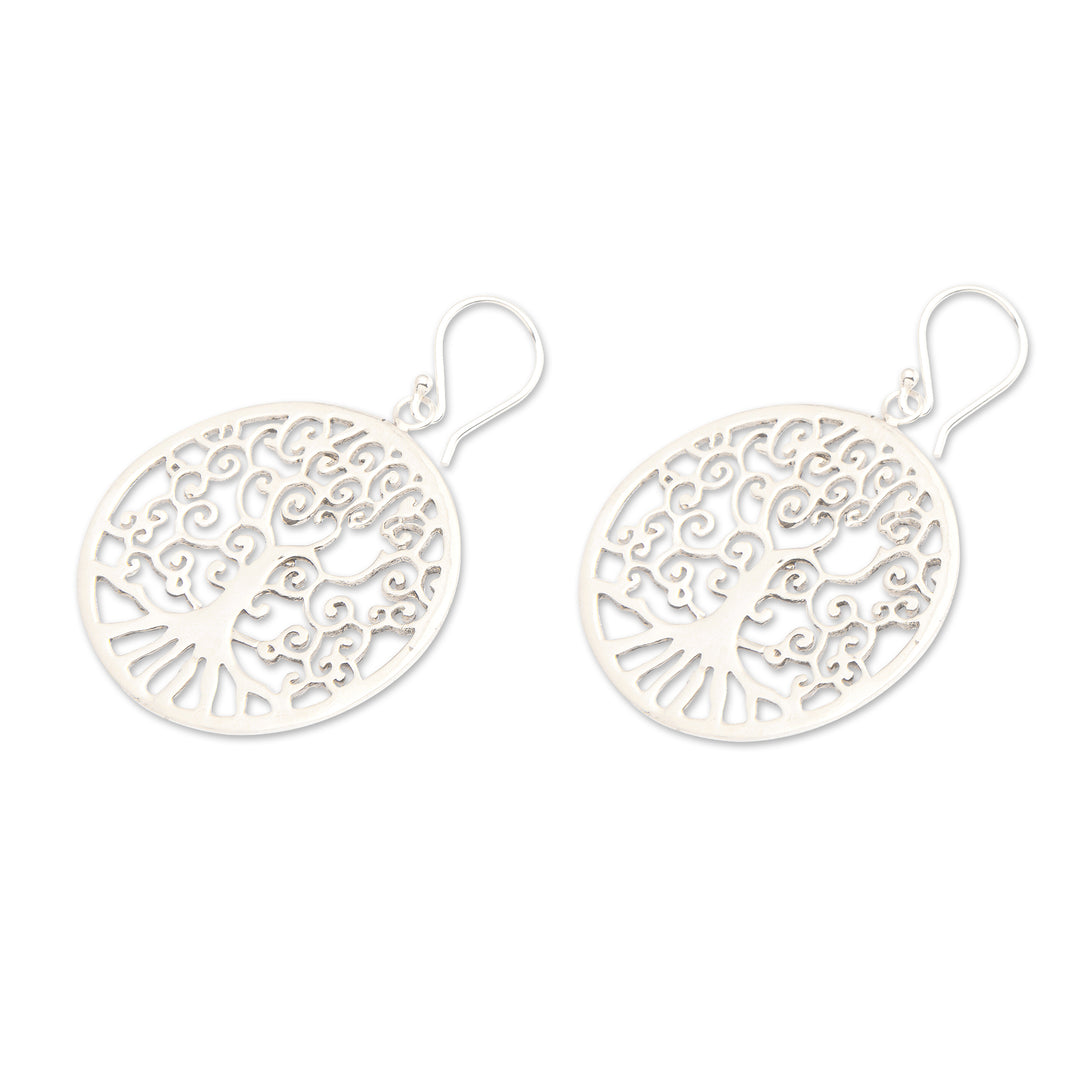 Polished Round Tree-Themed Sterling Silver Dangle Earrings - Glowing Naturally