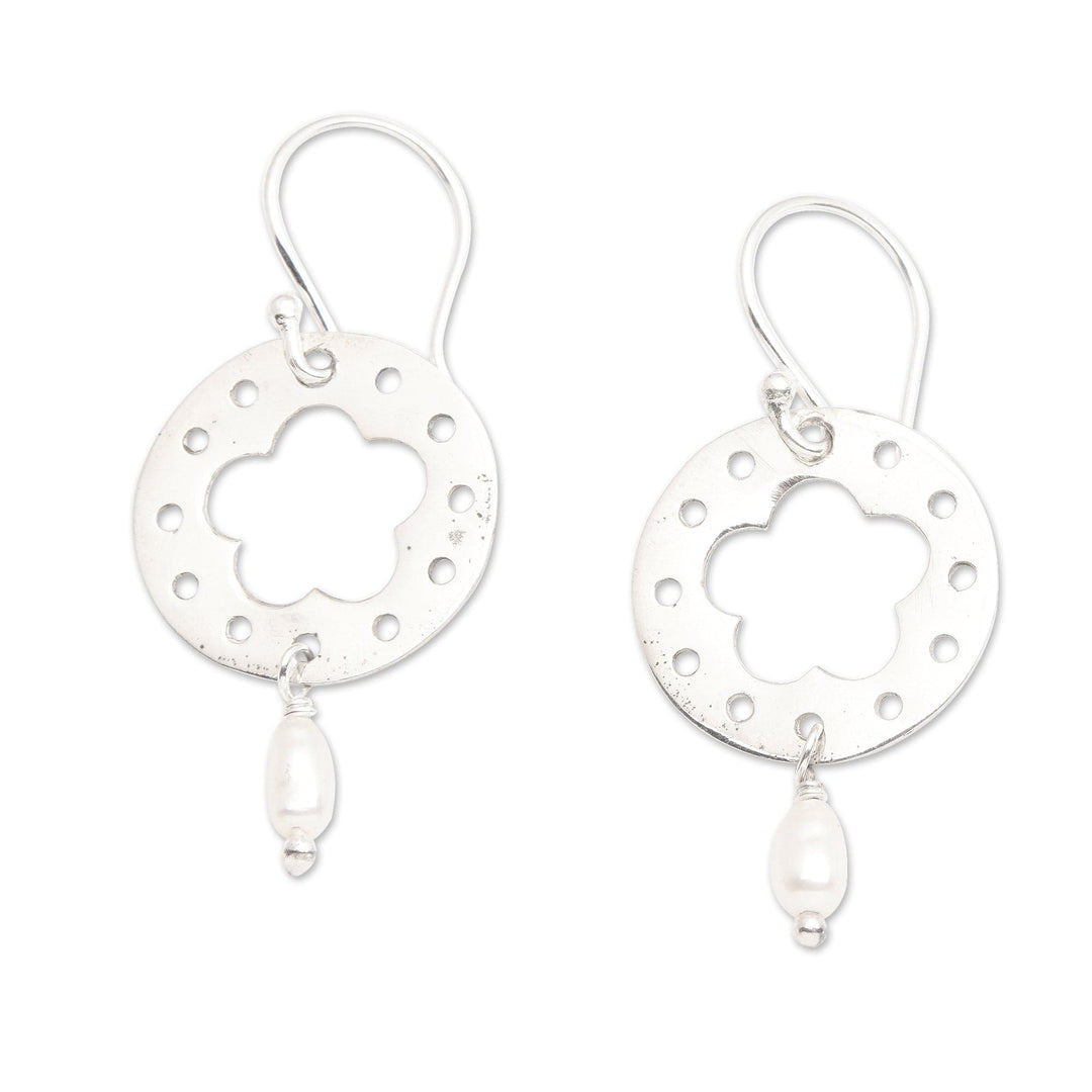 Floral Round Cultured Pearl Dangle Earrings from Bali - Celestial Frangipani