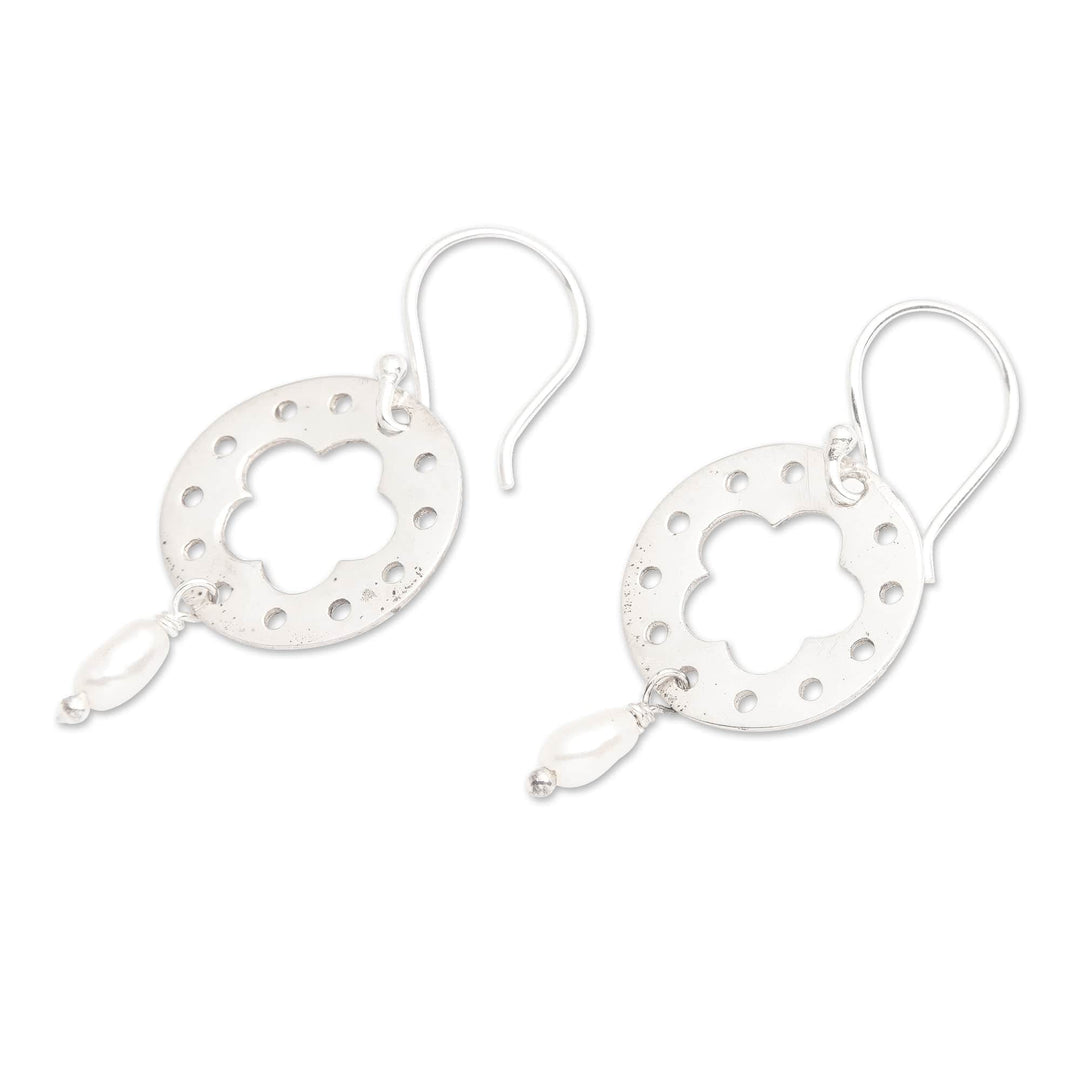 Floral Round Cultured Pearl Dangle Earrings from Bali - Celestial Frangipani