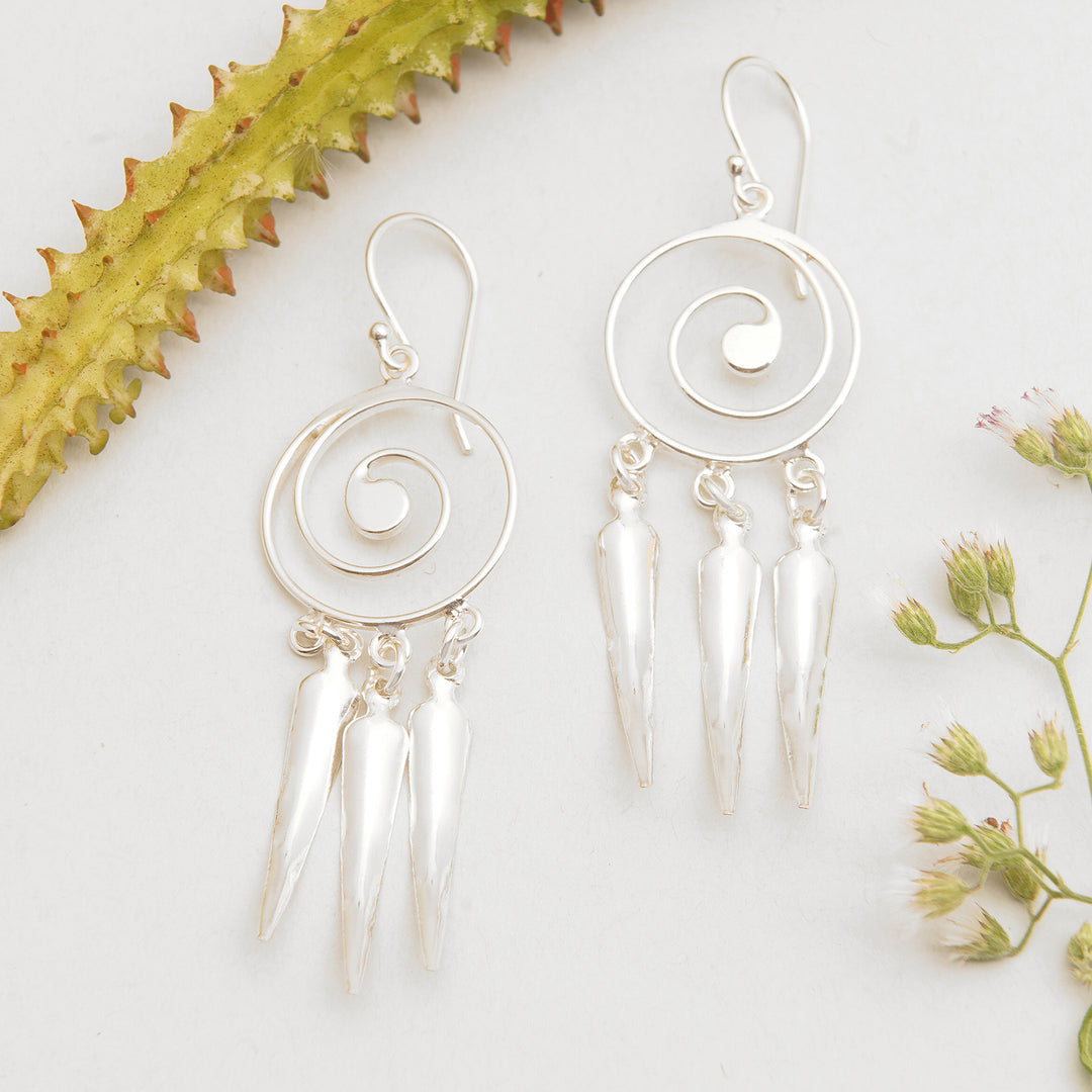 High-Polished Spiral Sterling Silver Chandelier Earrings - Spiral of Water