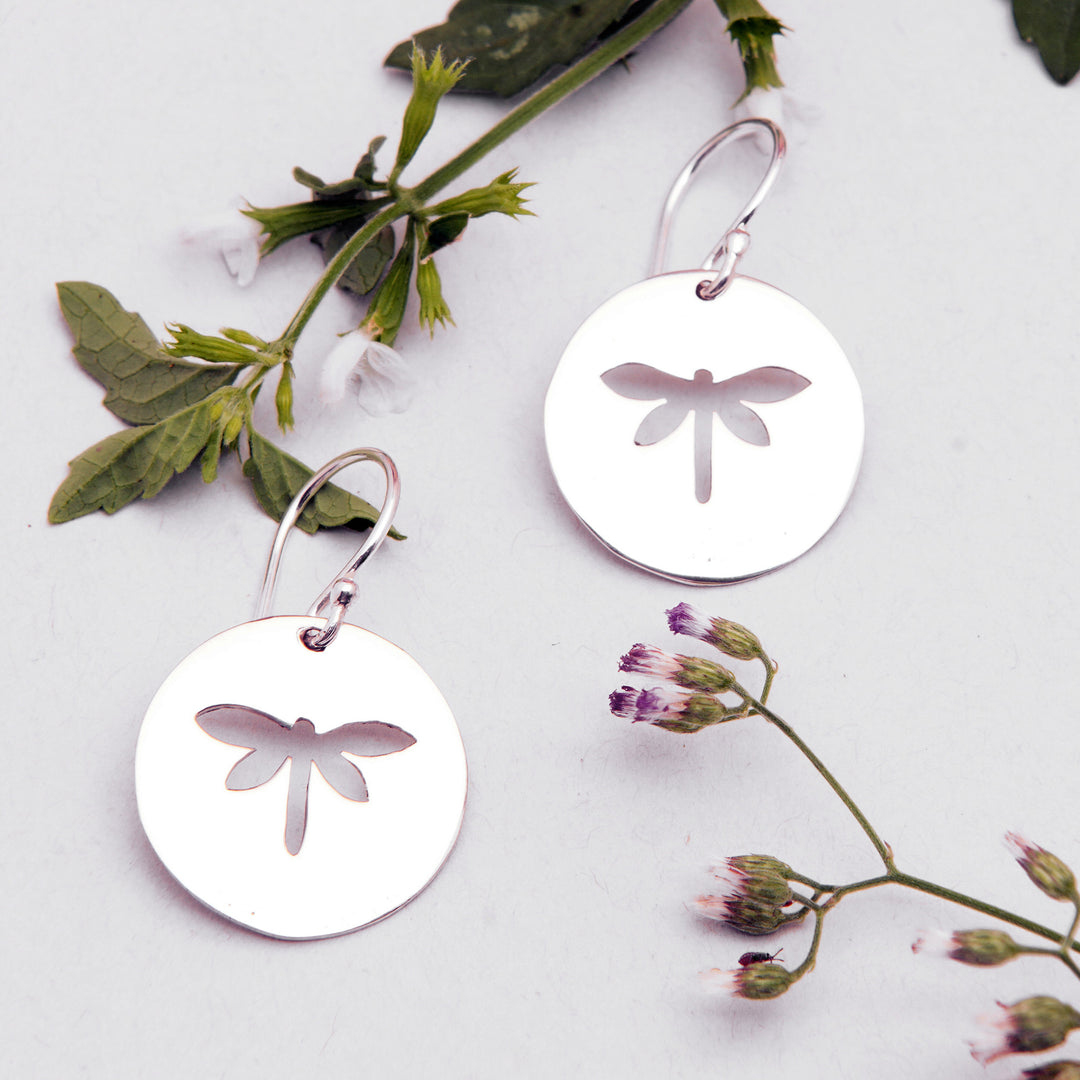 Polished Dragonfly-Themed Sterling Silver Dangle Earrings - Dragonfly Shadows
