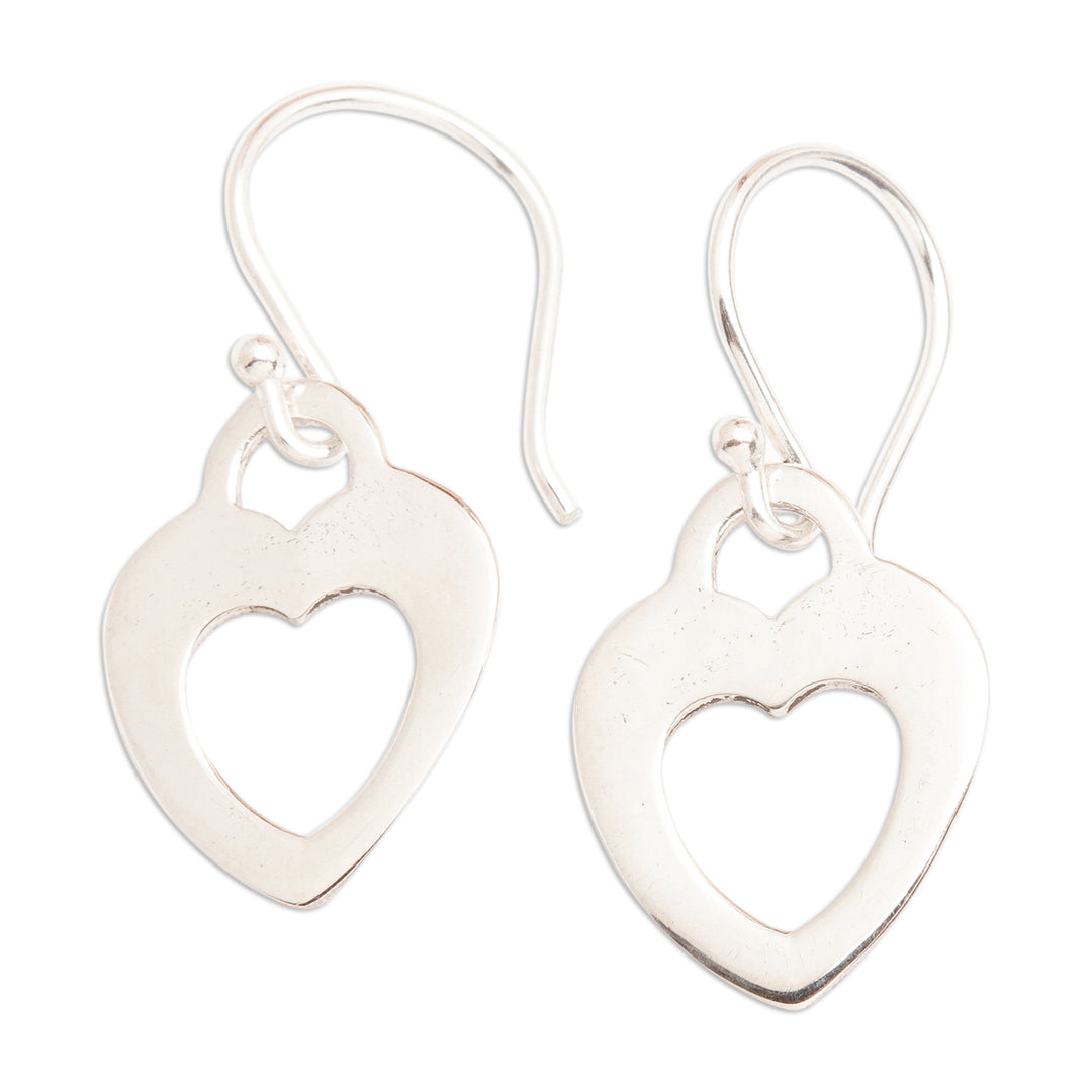 Polished Heart-Shaped Sterling Silver Dangle Earrings - First Romance