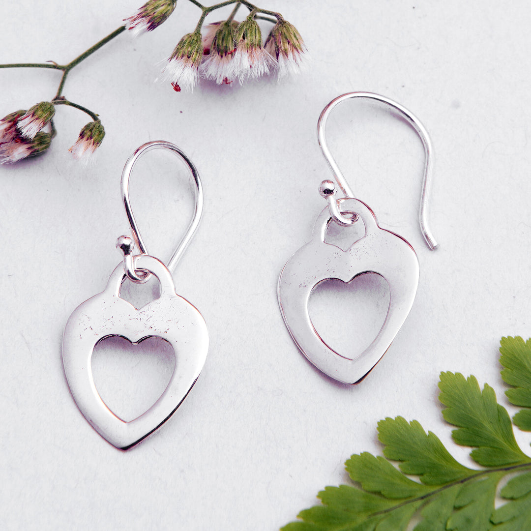 Polished Heart-Shaped Sterling Silver Dangle Earrings - First Romance