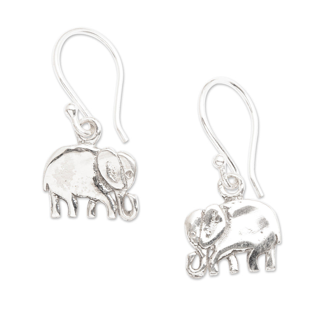 Polished Elephant-Themed Sterling Silver Dangle Earrings - Young Elephants
