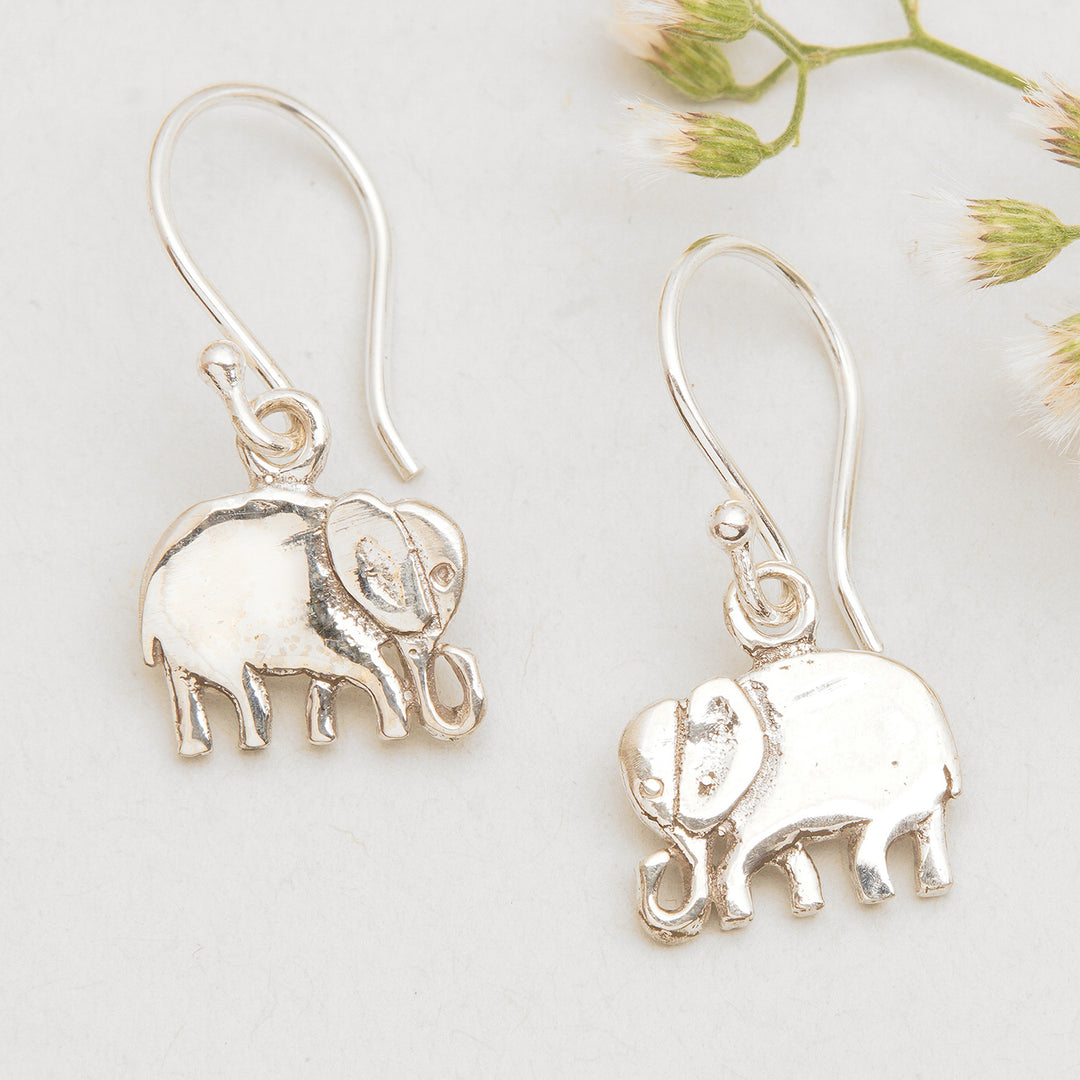 Polished Elephant-Themed Sterling Silver Dangle Earrings - Young Elephants