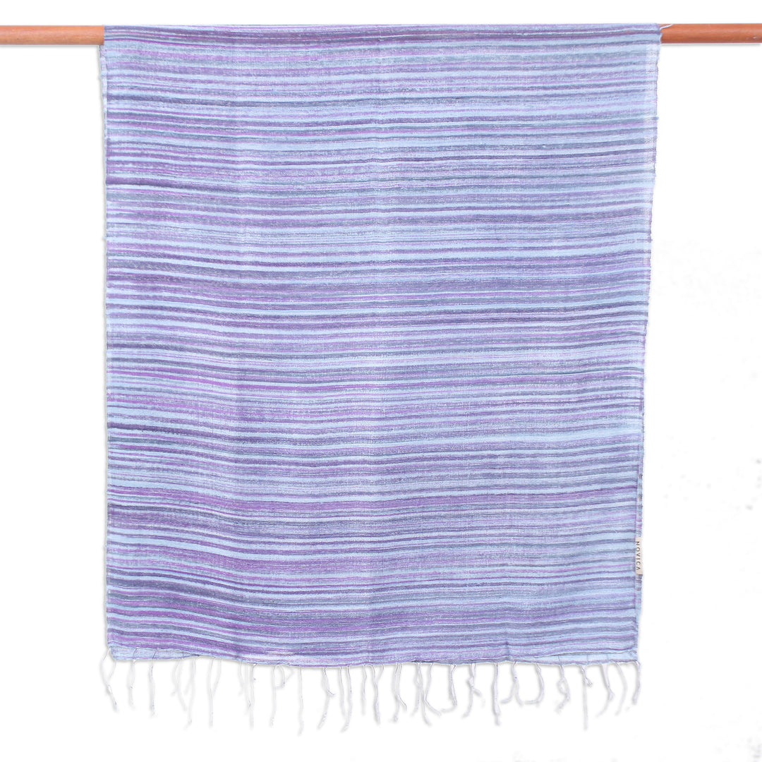 Handloomed Fringed Striped Blue, Grey and Purple Silk Scarf - Night Iridescence