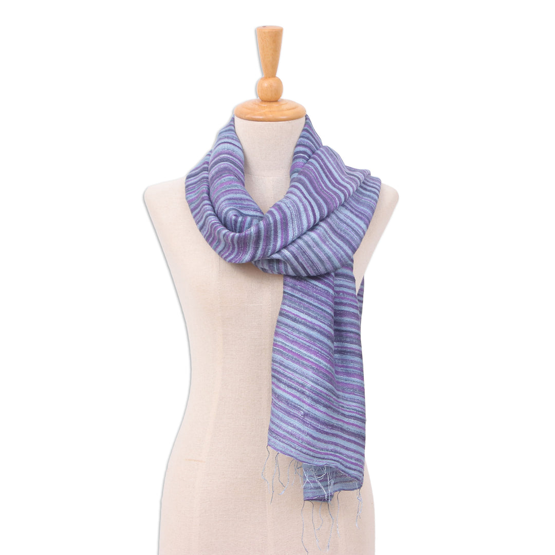 Handloomed Fringed Striped Blue, Grey and Purple Silk Scarf - Night Iridescence