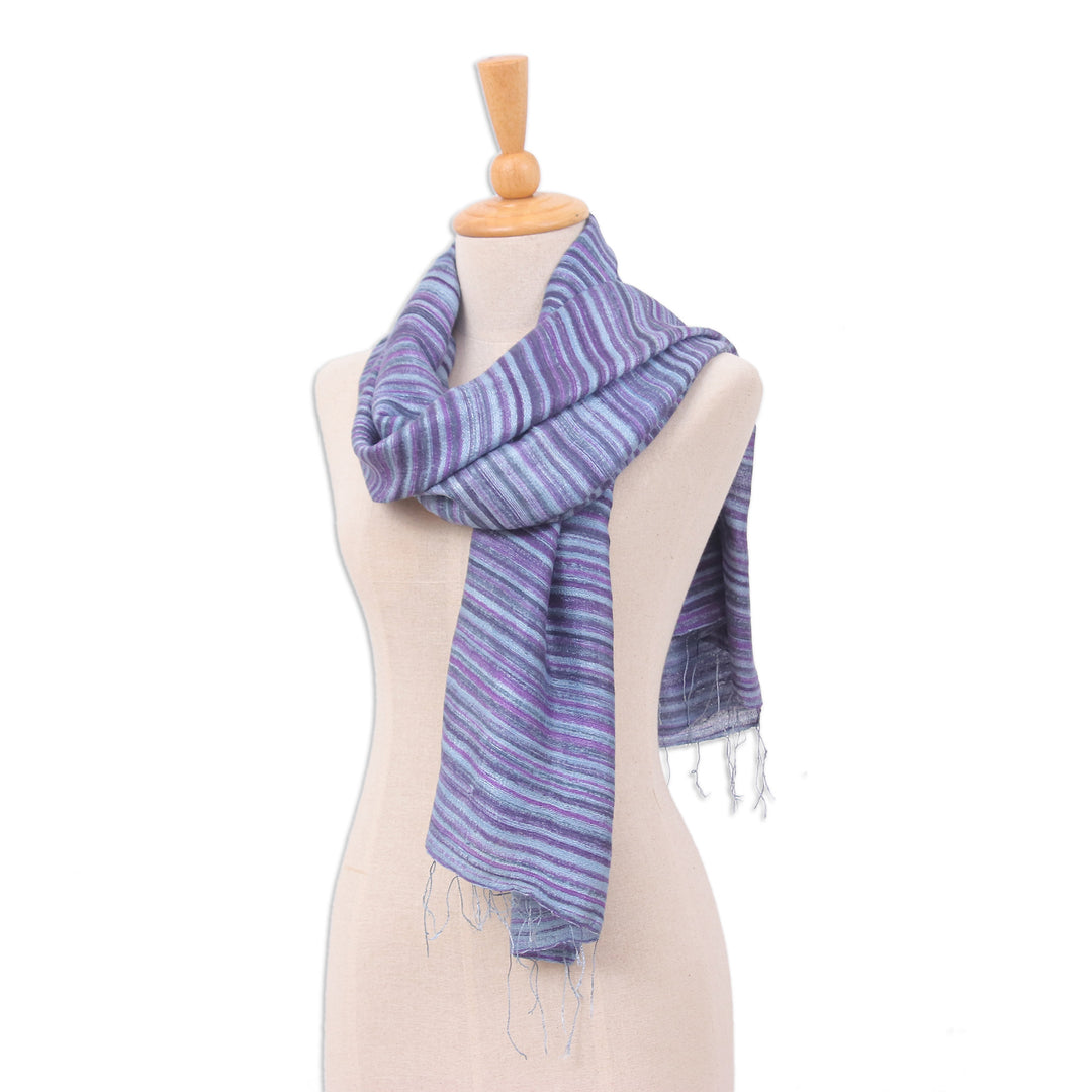 Handloomed Fringed Striped Blue, Grey and Purple Silk Scarf - Night Iridescence