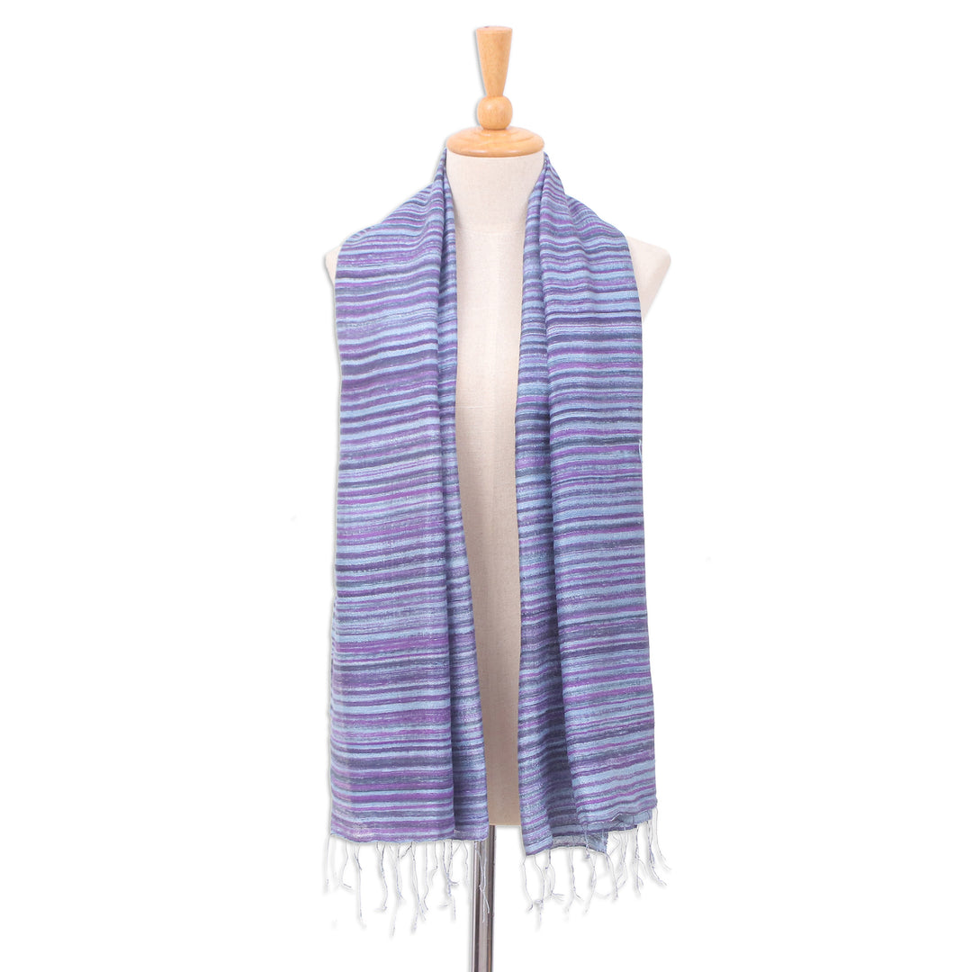 Handloomed Fringed Striped Blue, Grey and Purple Silk Scarf - Night Iridescence
