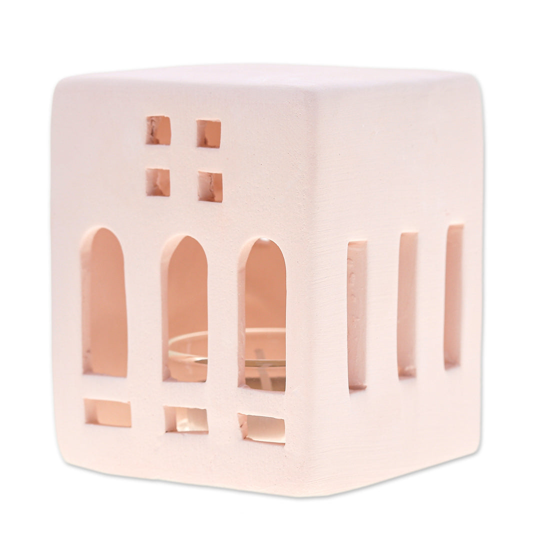 Hand-Painted House-Shaped Ceramic Tealight Holder in Pink - Modern House