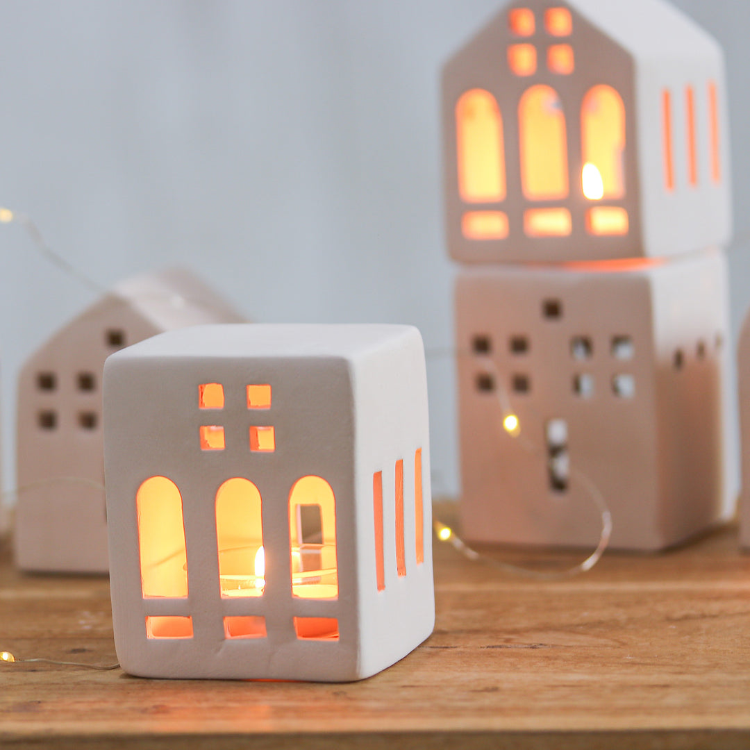 Hand-Painted House-Shaped Ceramic Tealight Holder in Pink - Modern House