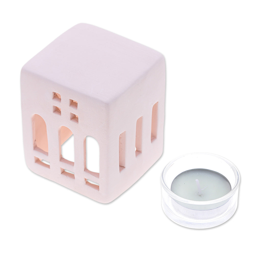 Hand-Painted House-Shaped Ceramic Tealight Holder in Pink - Modern House
