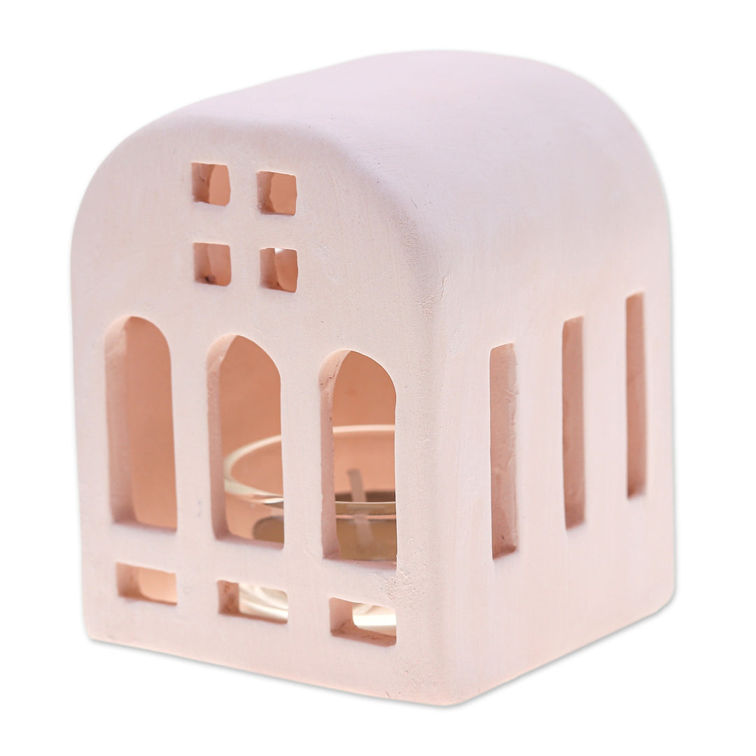 House-Shaped Ceramic Tealight Holder in Pink from Thailand - Minimalist House