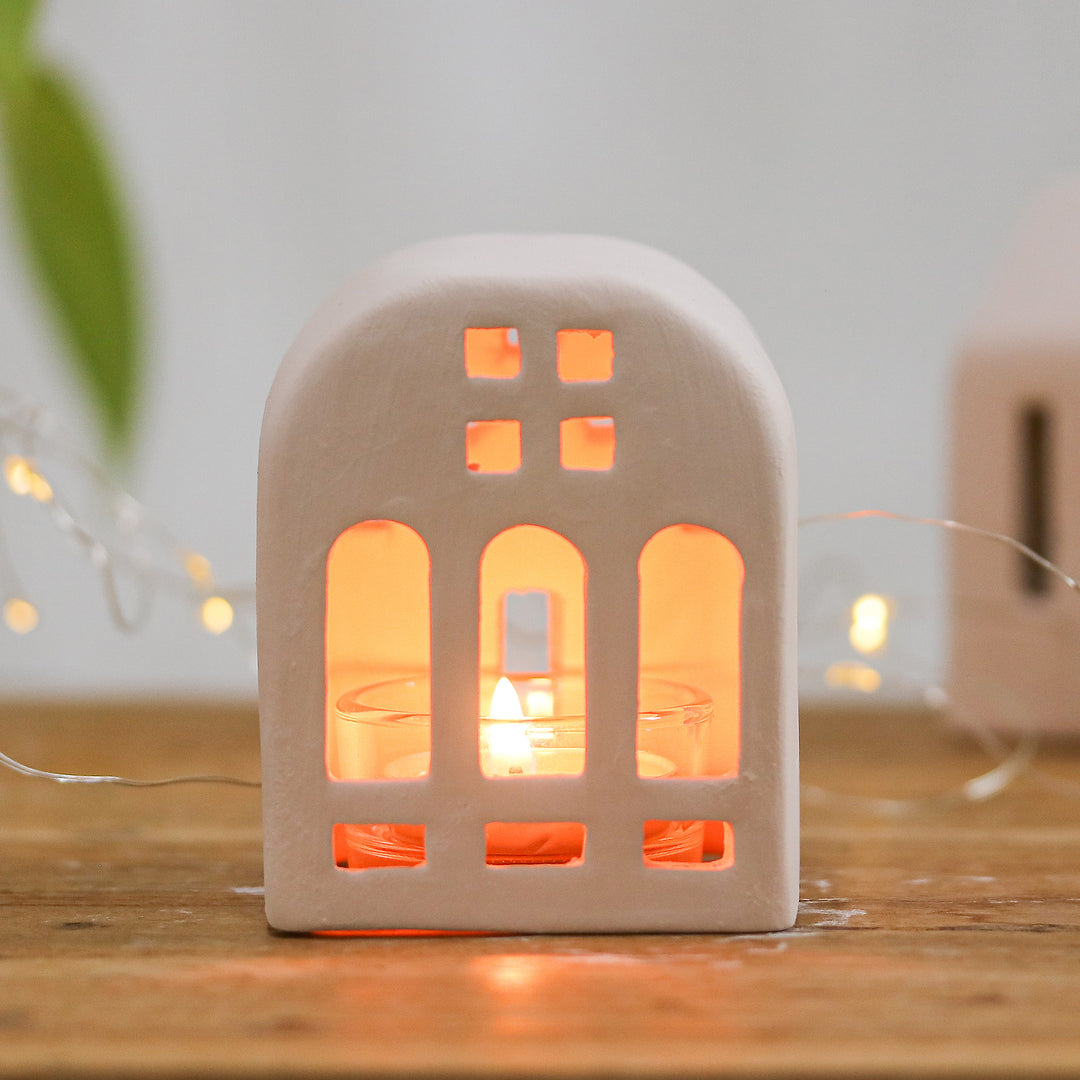 House-Shaped Ceramic Tealight Holder in Pink from Thailand - Minimalist House