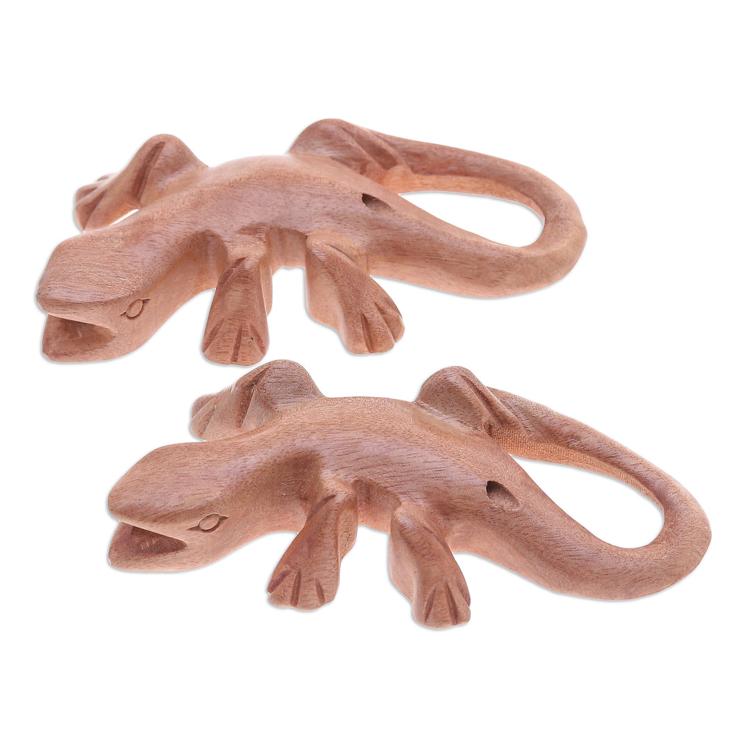 Hand-Carved Raintree Wood Gecko Ocarina Pair from Thailand - Gecko Song