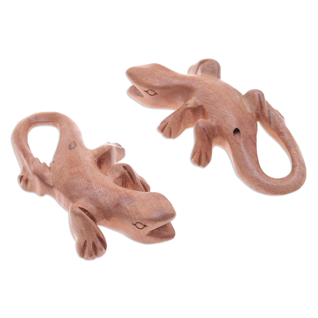 Hand-Carved Raintree Wood Gecko Ocarina Pair from Thailand - Gecko Song