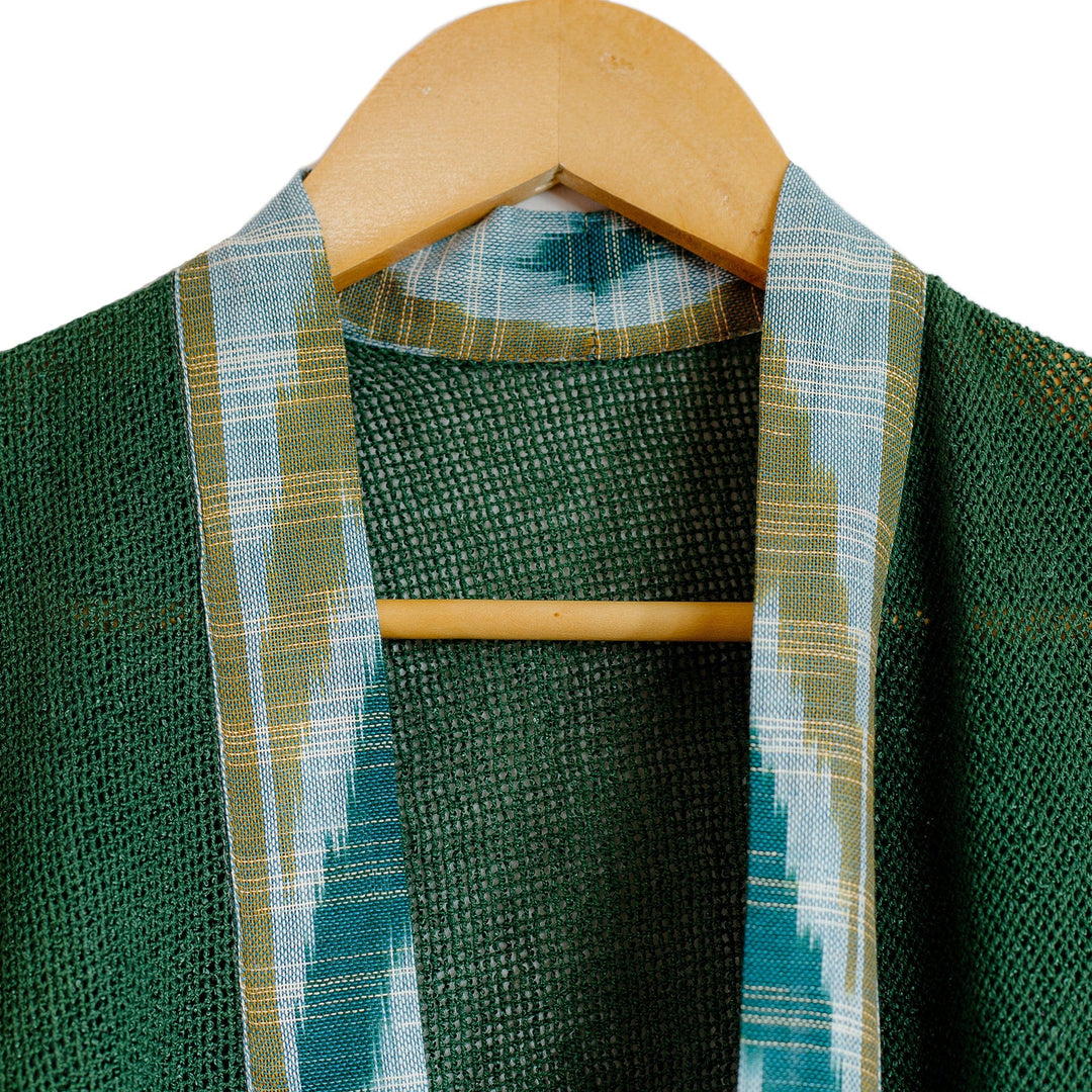 Ikat-Patterned Green 100% Cotton Open-Front Cape - Ikat Harmony