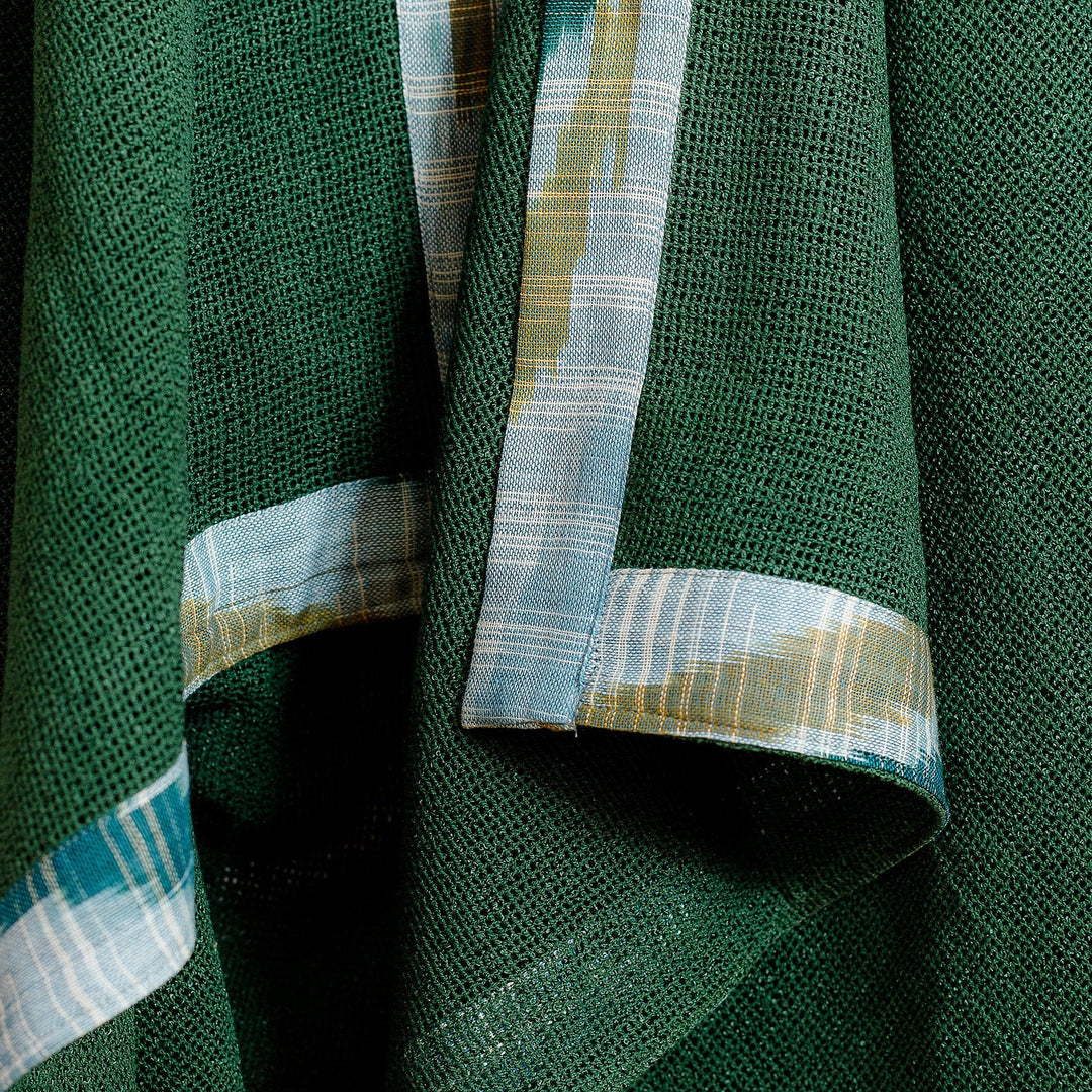 Ikat-Patterned Green 100% Cotton Open-Front Cape - Ikat Harmony