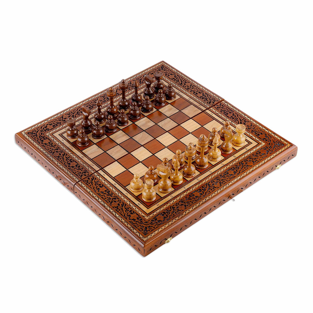 Classic Hand-Carved Walnut Wood Chess and Backgammon Set - Triumph