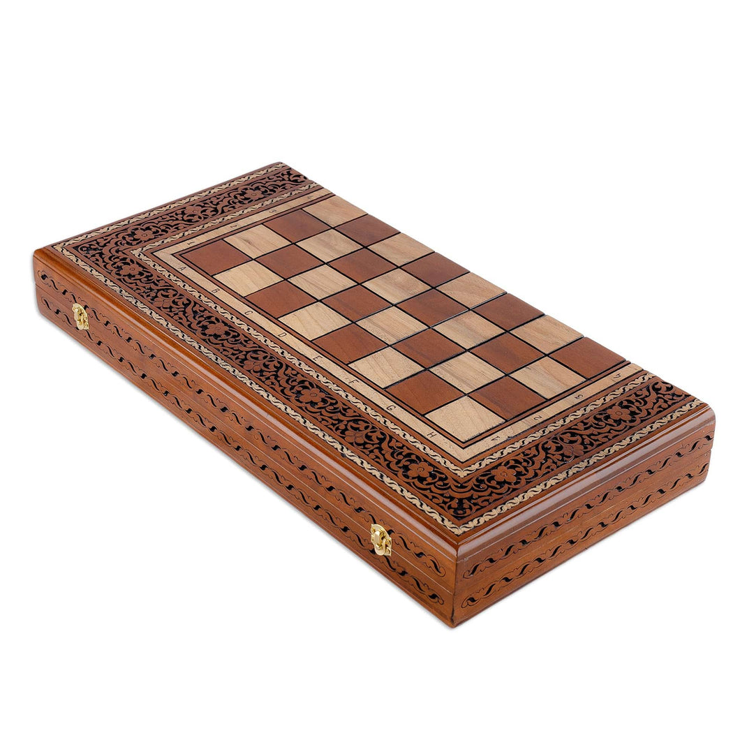 Classic Hand-Carved Walnut Wood Chess and Backgammon Set - Triumph