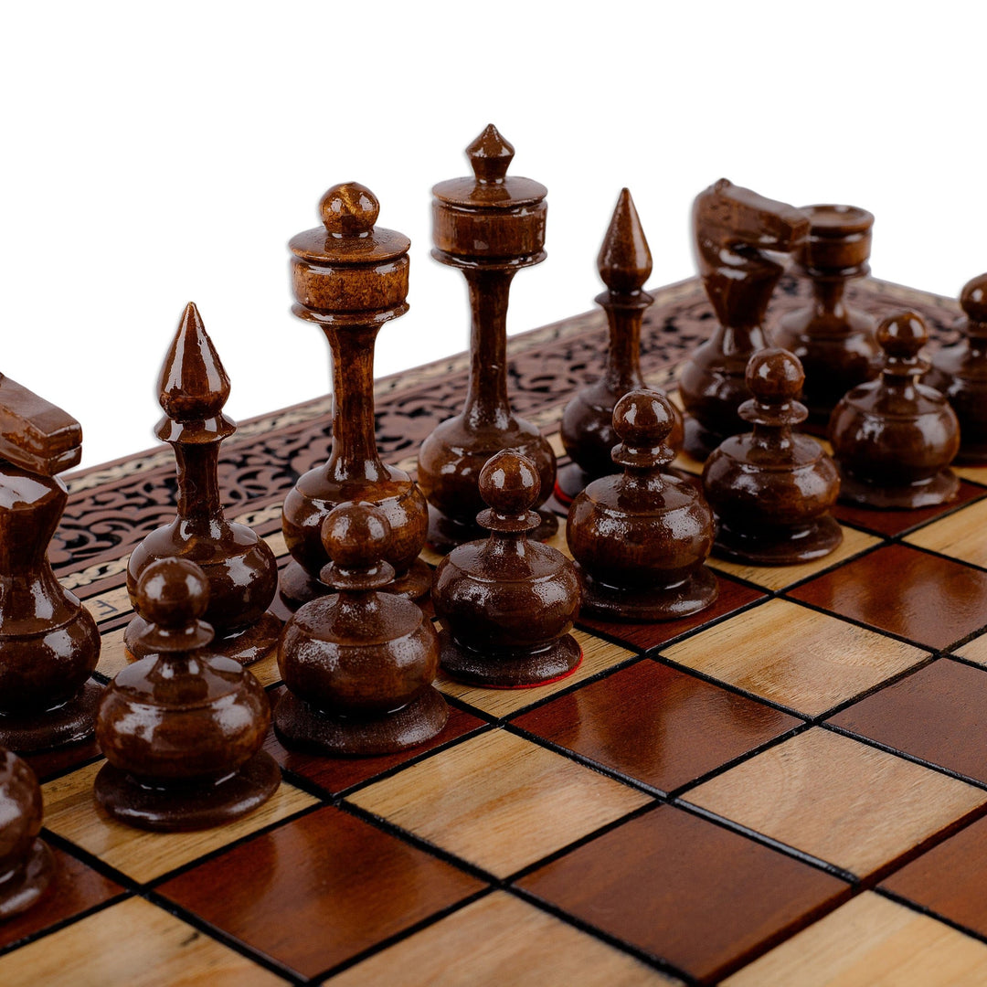Classic Hand-Carved Walnut Wood Chess and Backgammon Set - Triumph