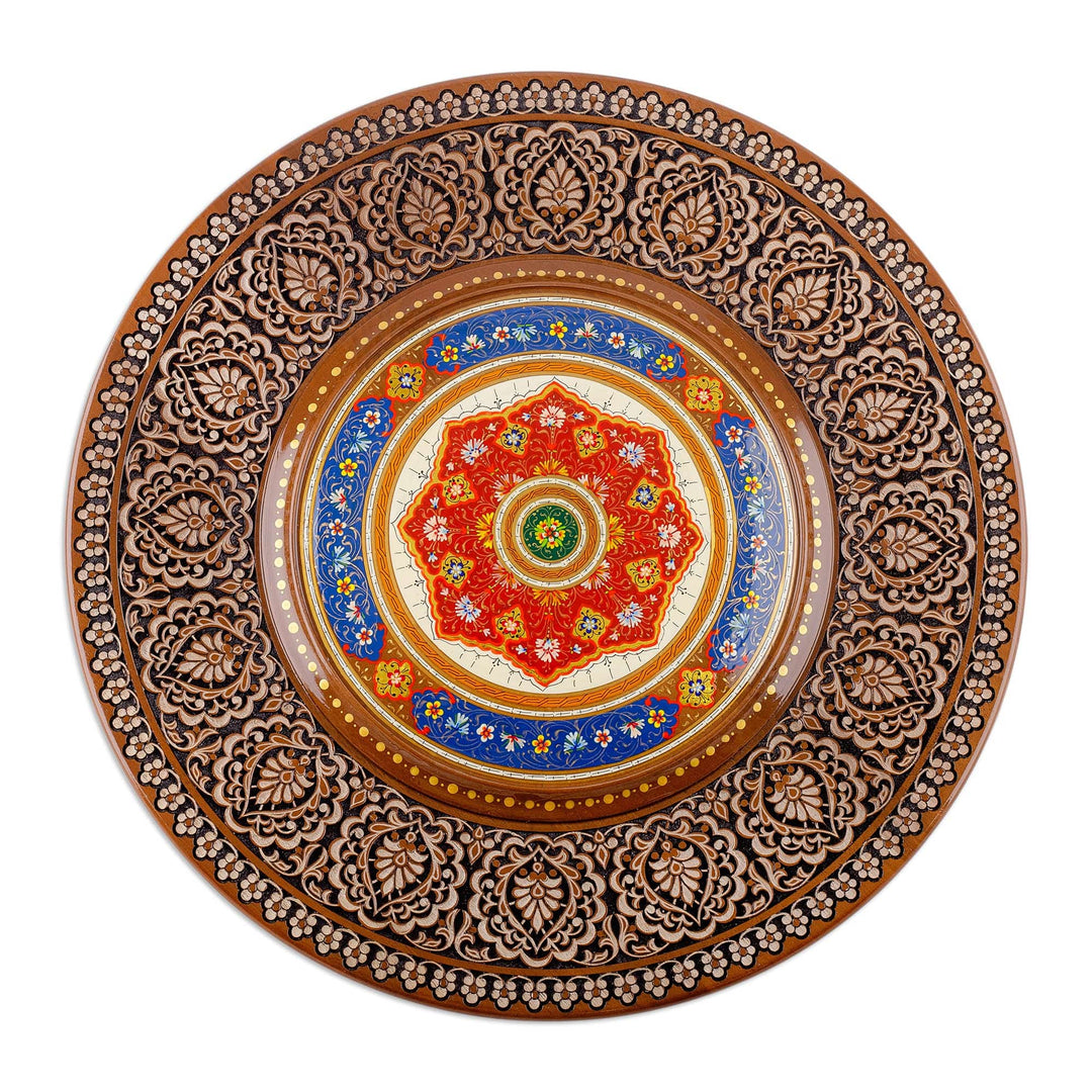 Hand-Carved Painted Floral Round Walnut Wood Wall Accent - Visions of Divinity