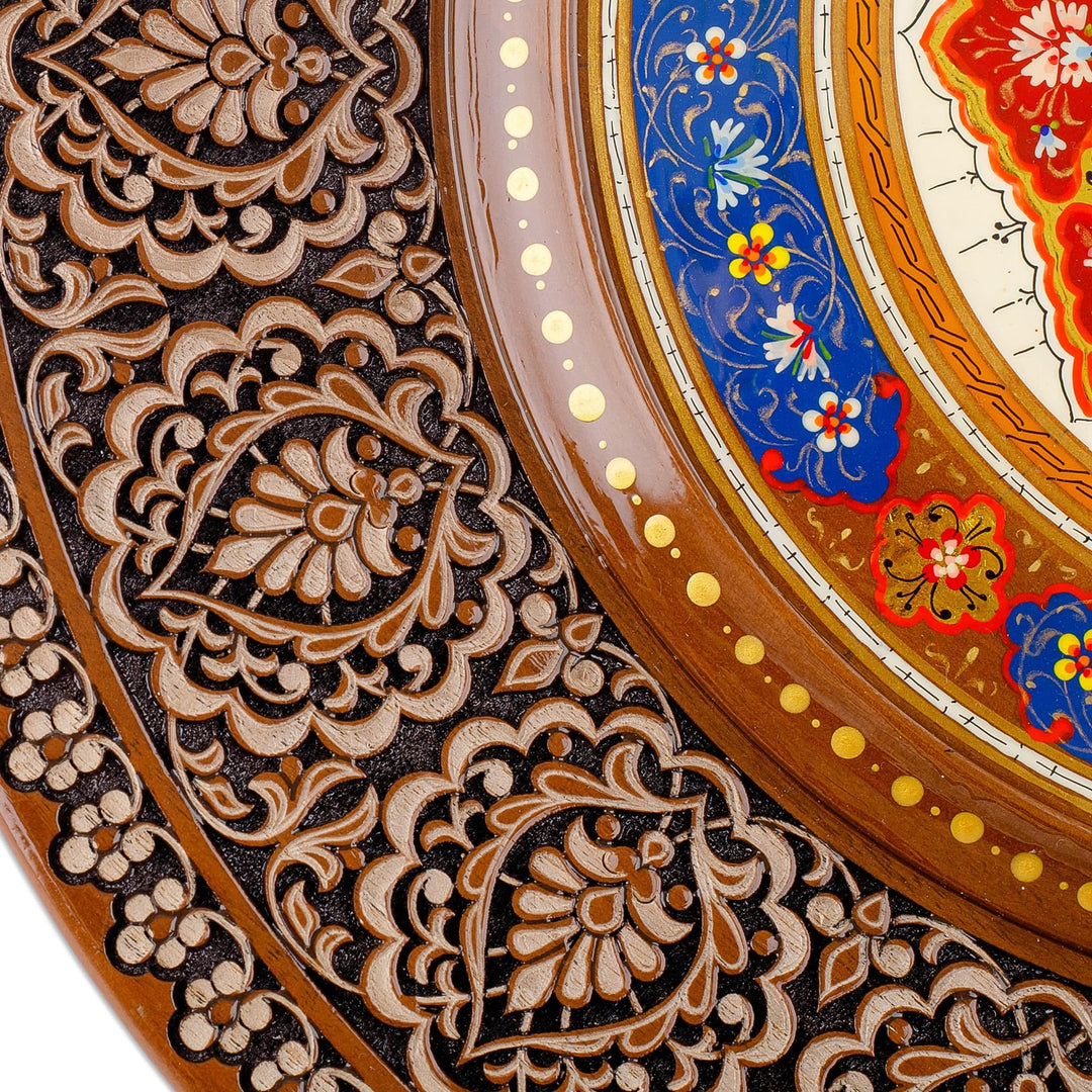 Hand-Carved Painted Floral Round Walnut Wood Wall Accent - Visions of Divinity
