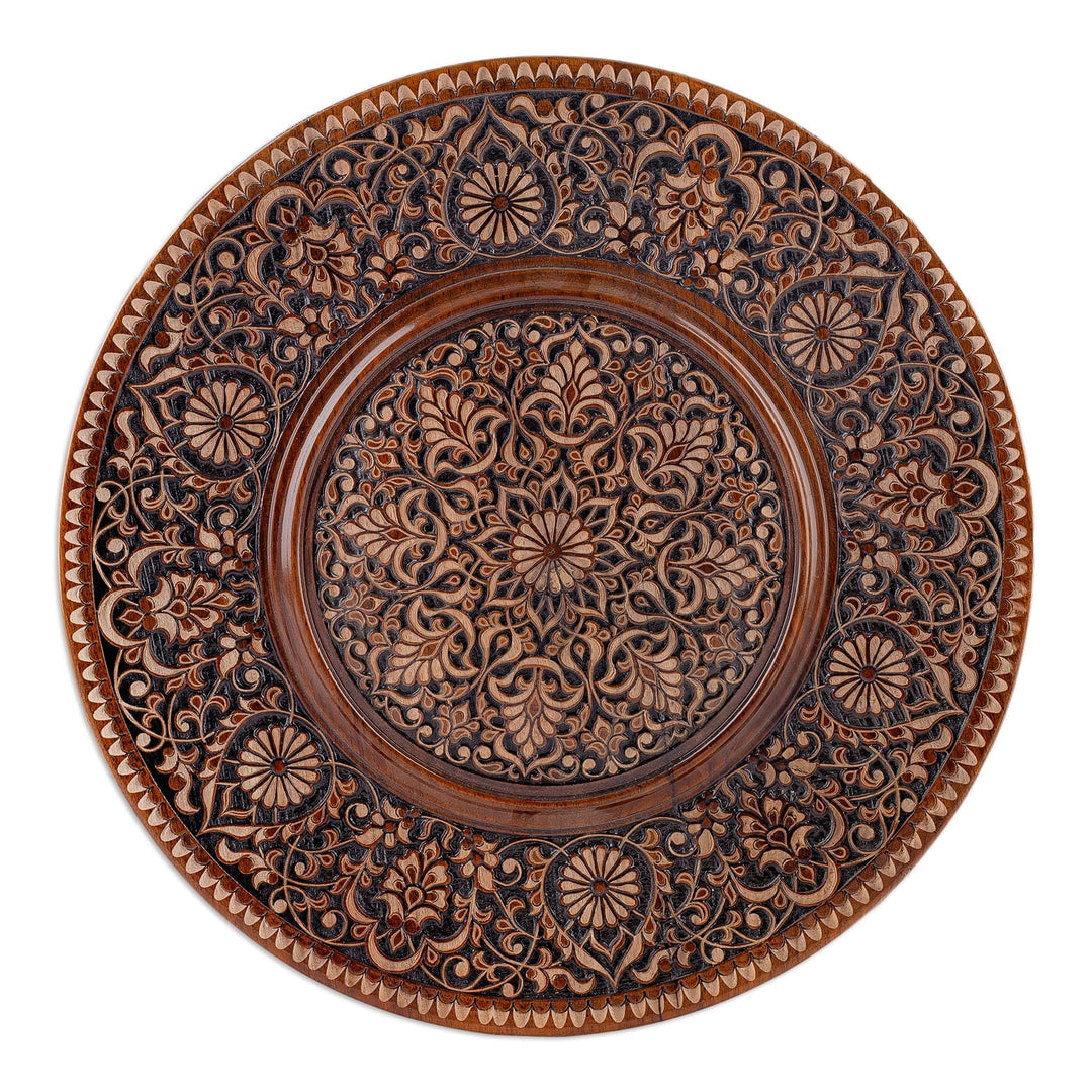 Hand-Carved Classic Floral Round Walnut Wood Wall Accent - Visions of Magnificence