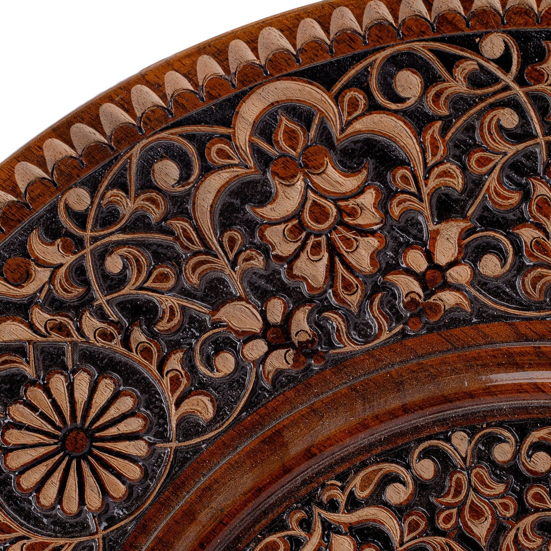 Hand-Carved Classic Floral Round Walnut Wood Wall Accent - Visions of Magnificence