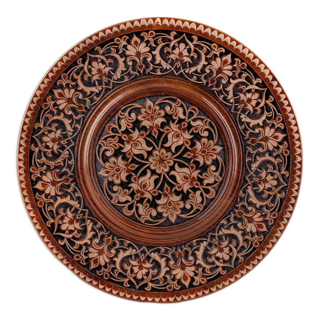 Hand-Carved Floral and Leafy Round Walnut Wood Wall Accent - Visions of Majesty