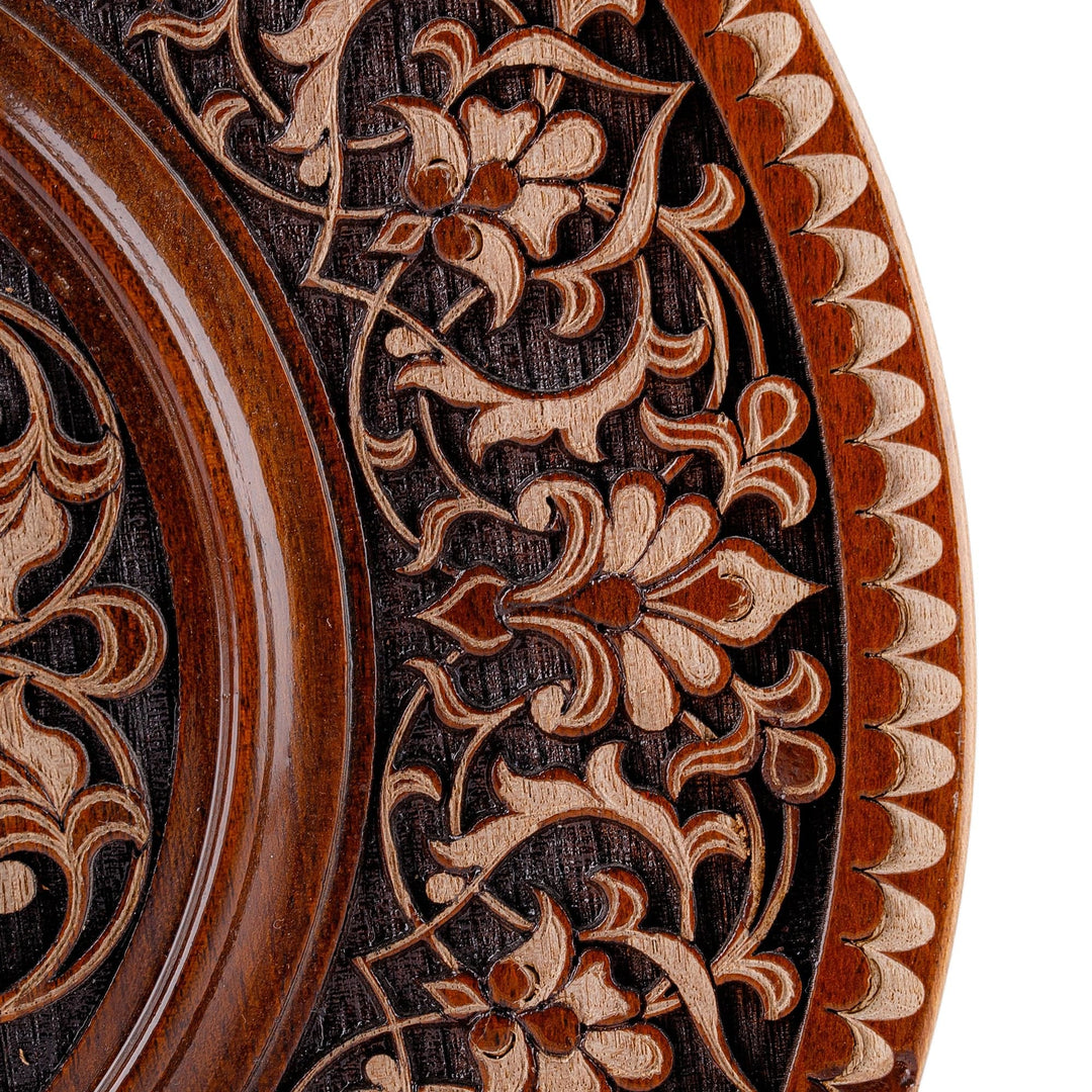 Hand-Carved Floral and Leafy Round Walnut Wood Wall Accent - Visions of Majesty