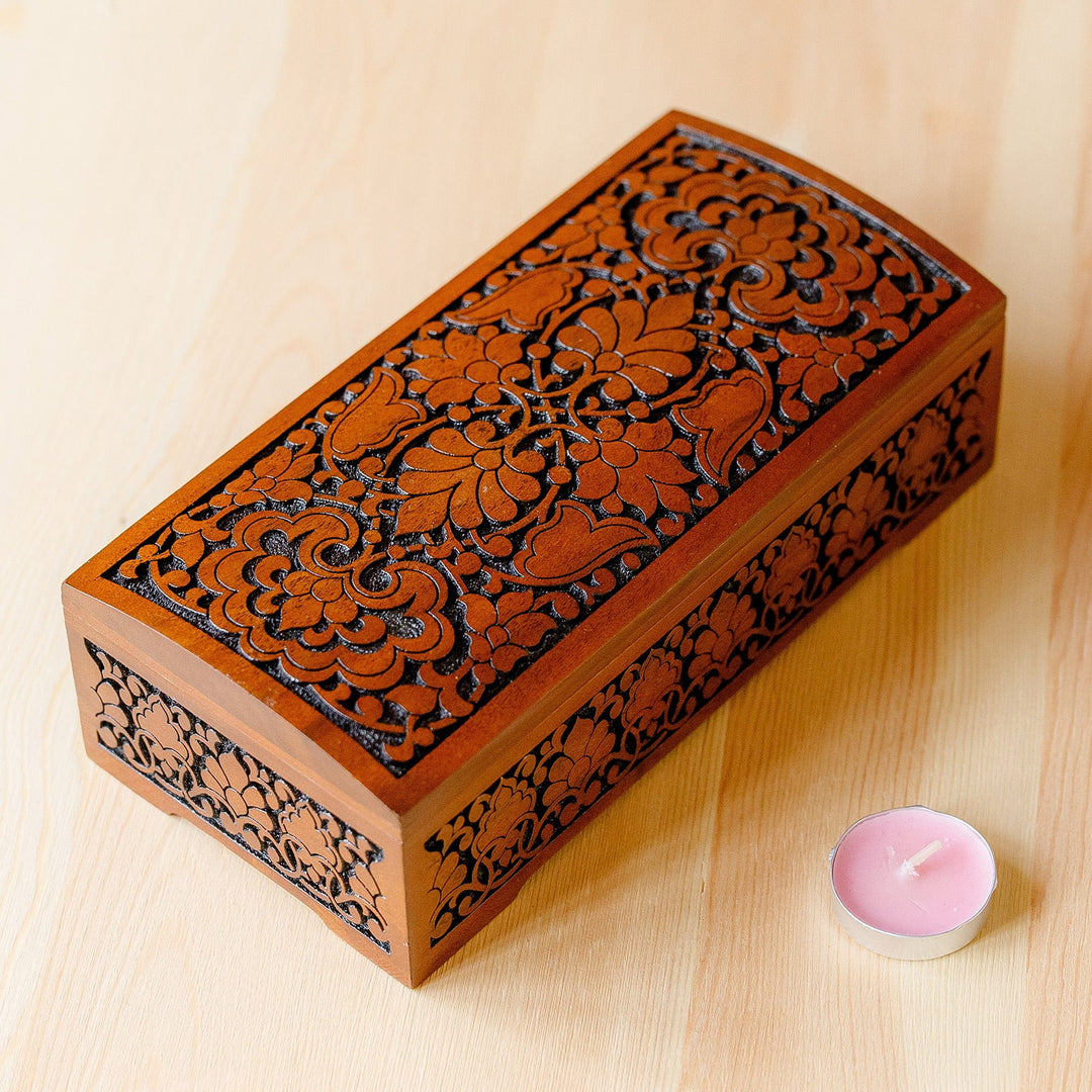 Polished Classic Hand-Carved Floral Walnut Wood Chest - The Classic Glory