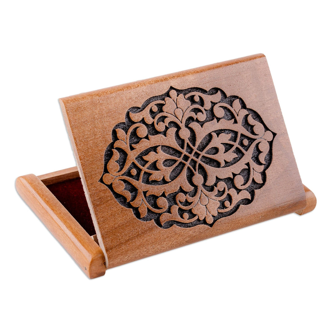 Hand-Carved Classic Floral Walnut Wood Card Holder - Signs of Majesty
