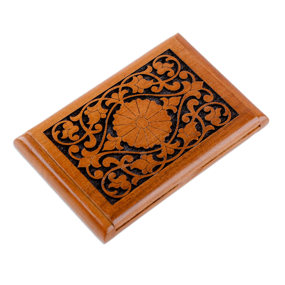 Hand-Carved Traditional Floral Walnut Wood Card Holder - Signs of Magnificence