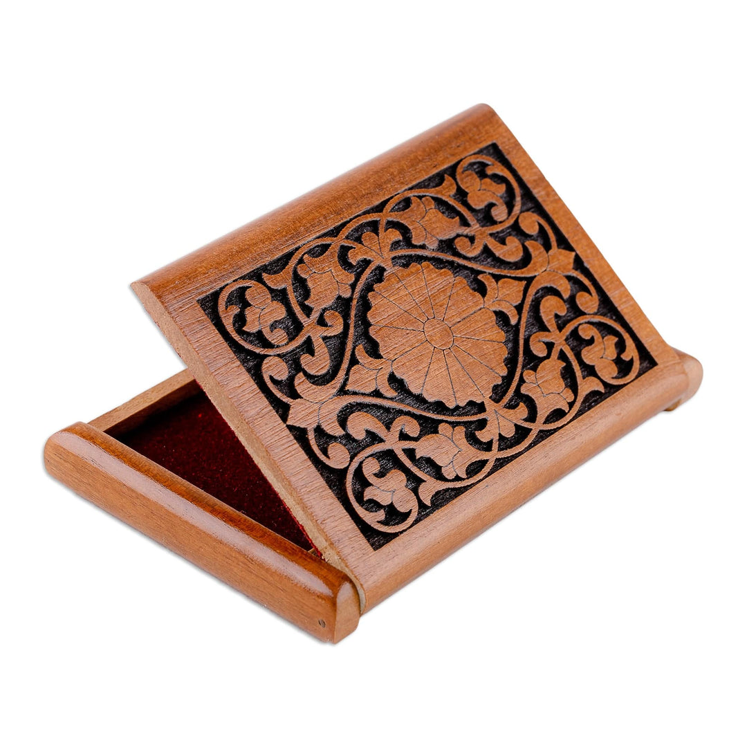 Hand-Carved Traditional Floral Walnut Wood Card Holder - Signs of Magnificence