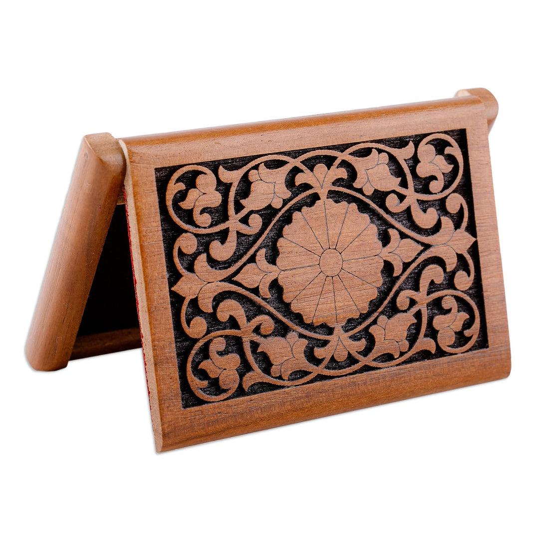 Hand-Carved Traditional Floral Walnut Wood Card Holder - Signs of Magnificence