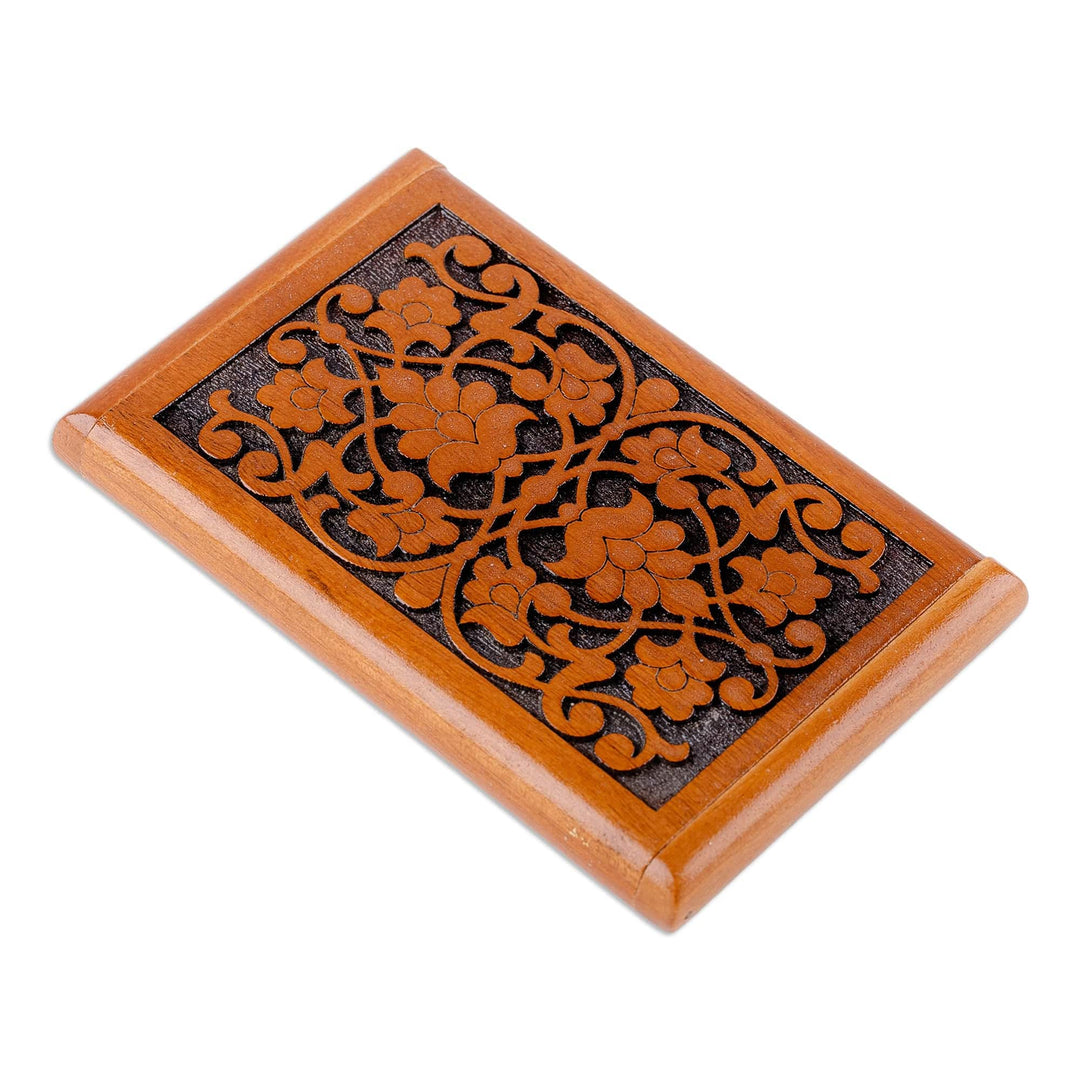 Hand-Carved Polished Floral Walnut Wood Card Holder - Signs of Nobility
