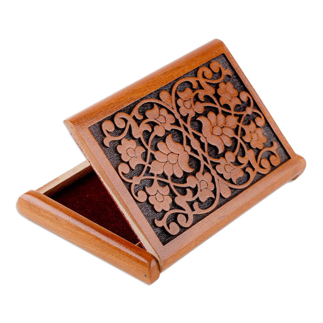 Hand-Carved Polished Floral Walnut Wood Card Holder - Signs of Nobility