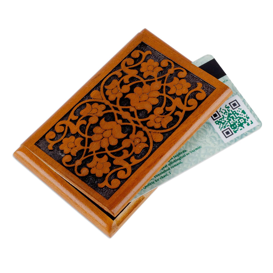 Hand-Carved Polished Floral Walnut Wood Card Holder - Signs of Nobility