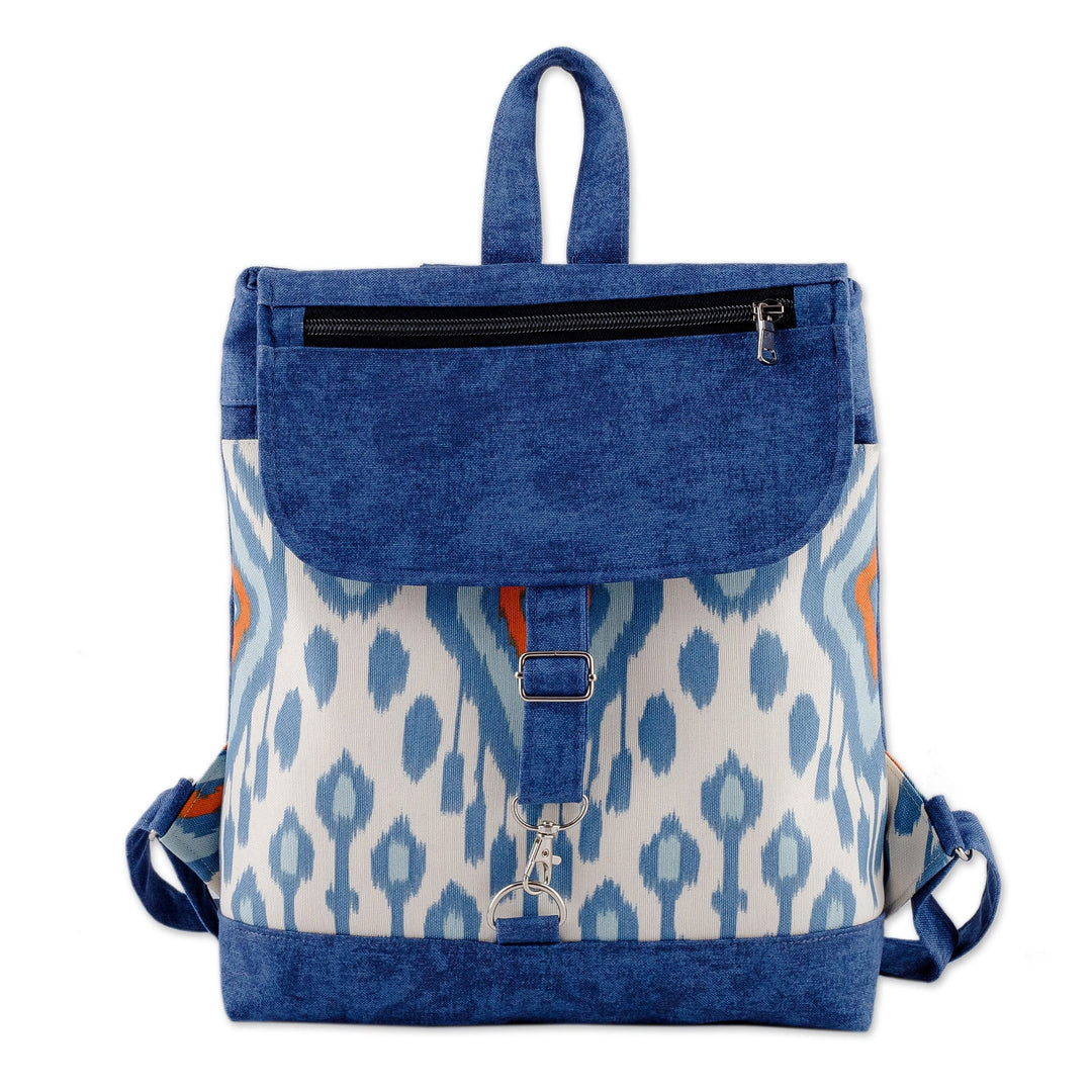 Classic Ikat-Patterned Blue Cotton Blend Zippered Backpack - Prime Blue