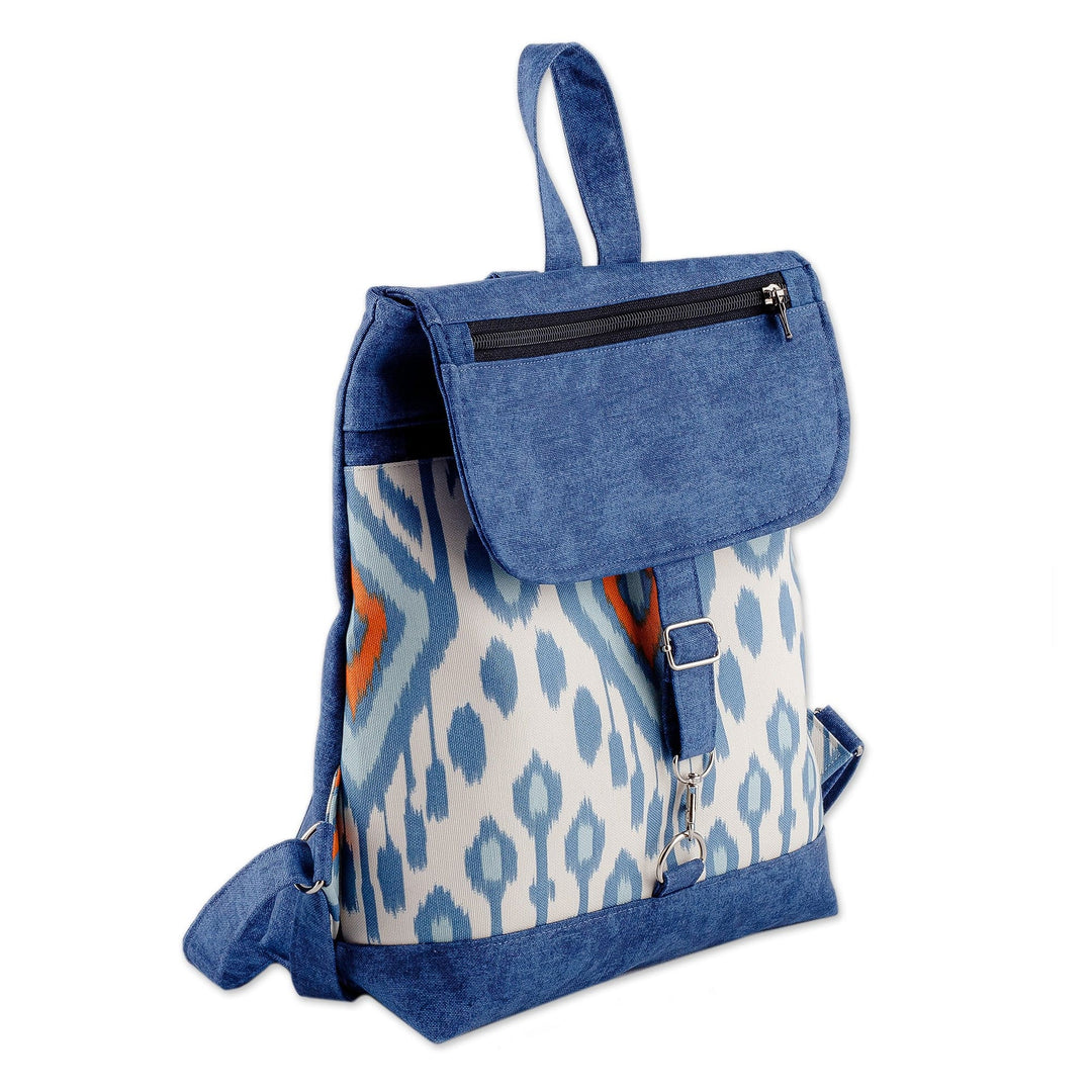 Classic Ikat-Patterned Blue Cotton Blend Zippered Backpack - Prime Blue