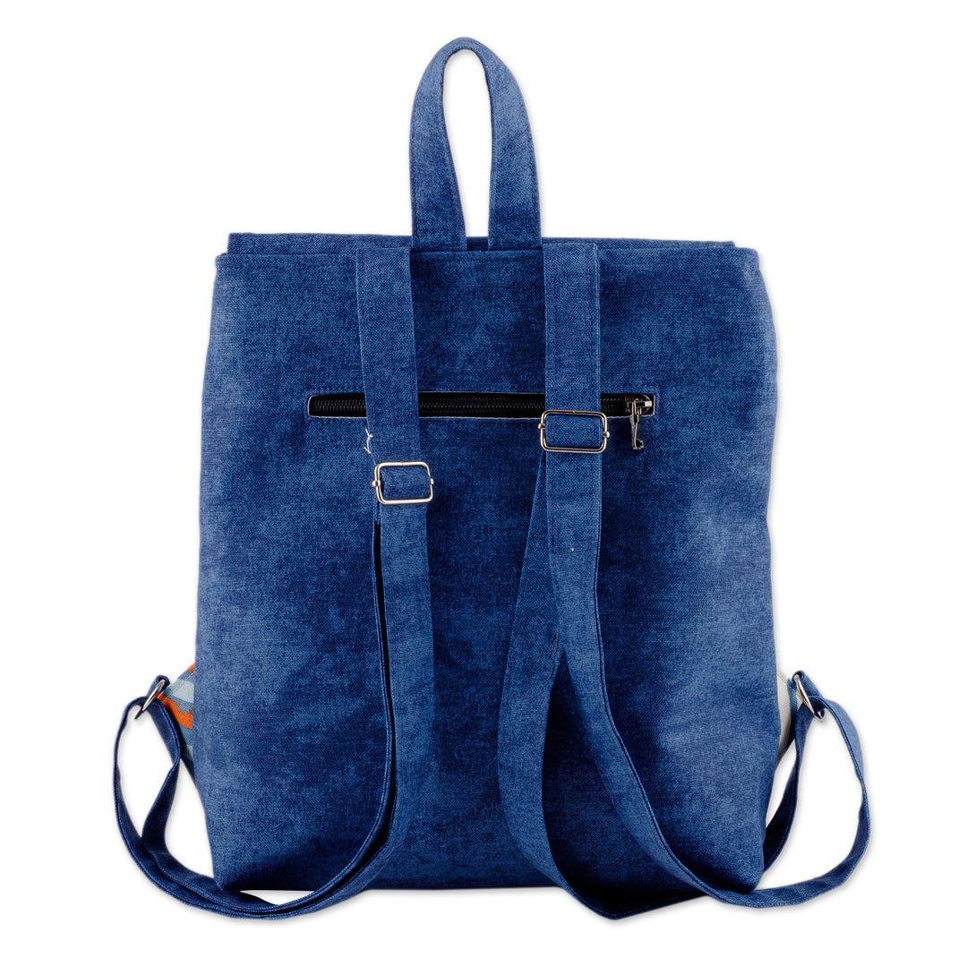 Classic Ikat-Patterned Blue Cotton Blend Zippered Backpack - Prime Blue